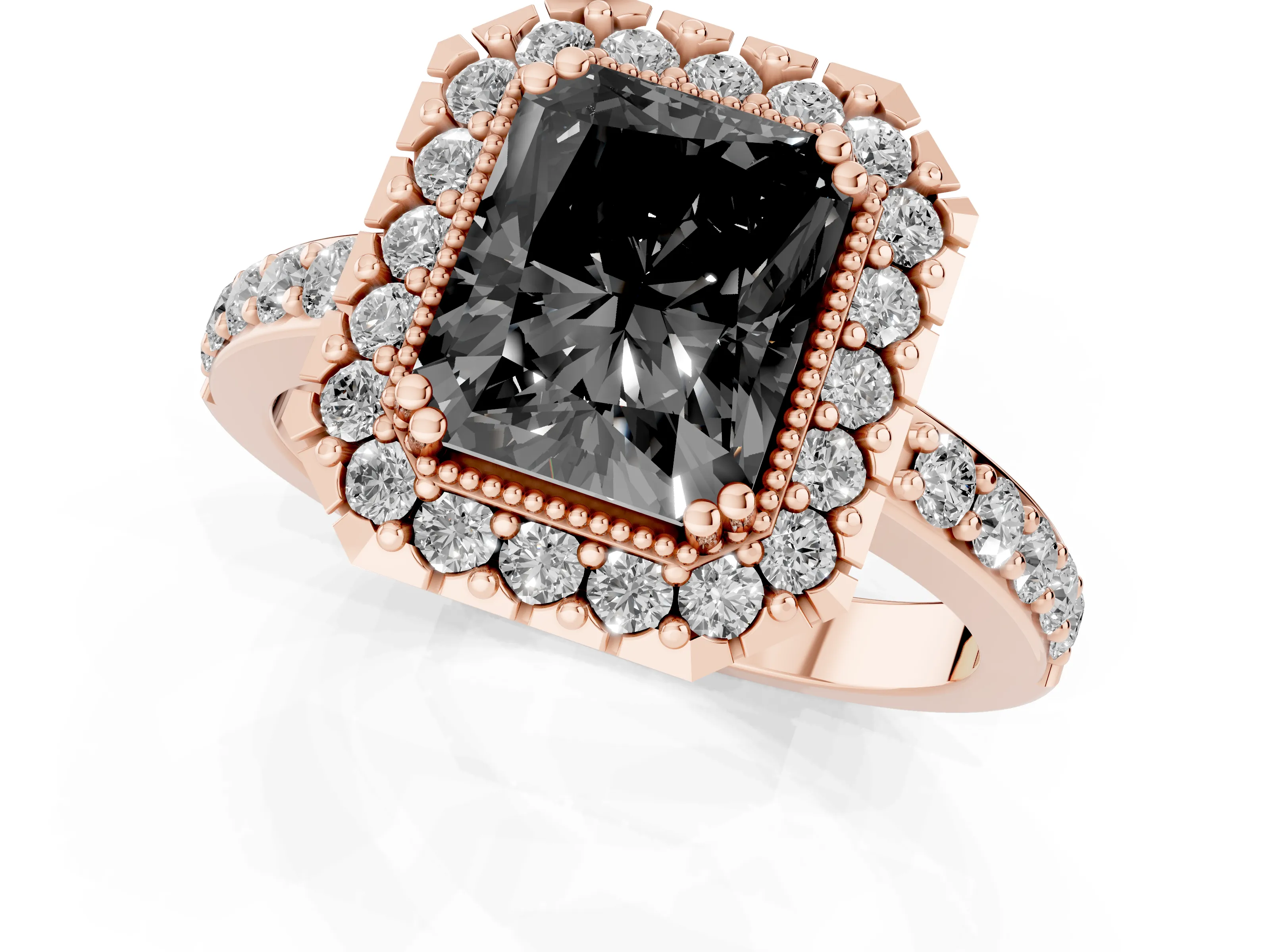 Fancy Black Radiant Cut Diamond Halo Ring Set in Rose gold with Pavé Shank and Prong Setting