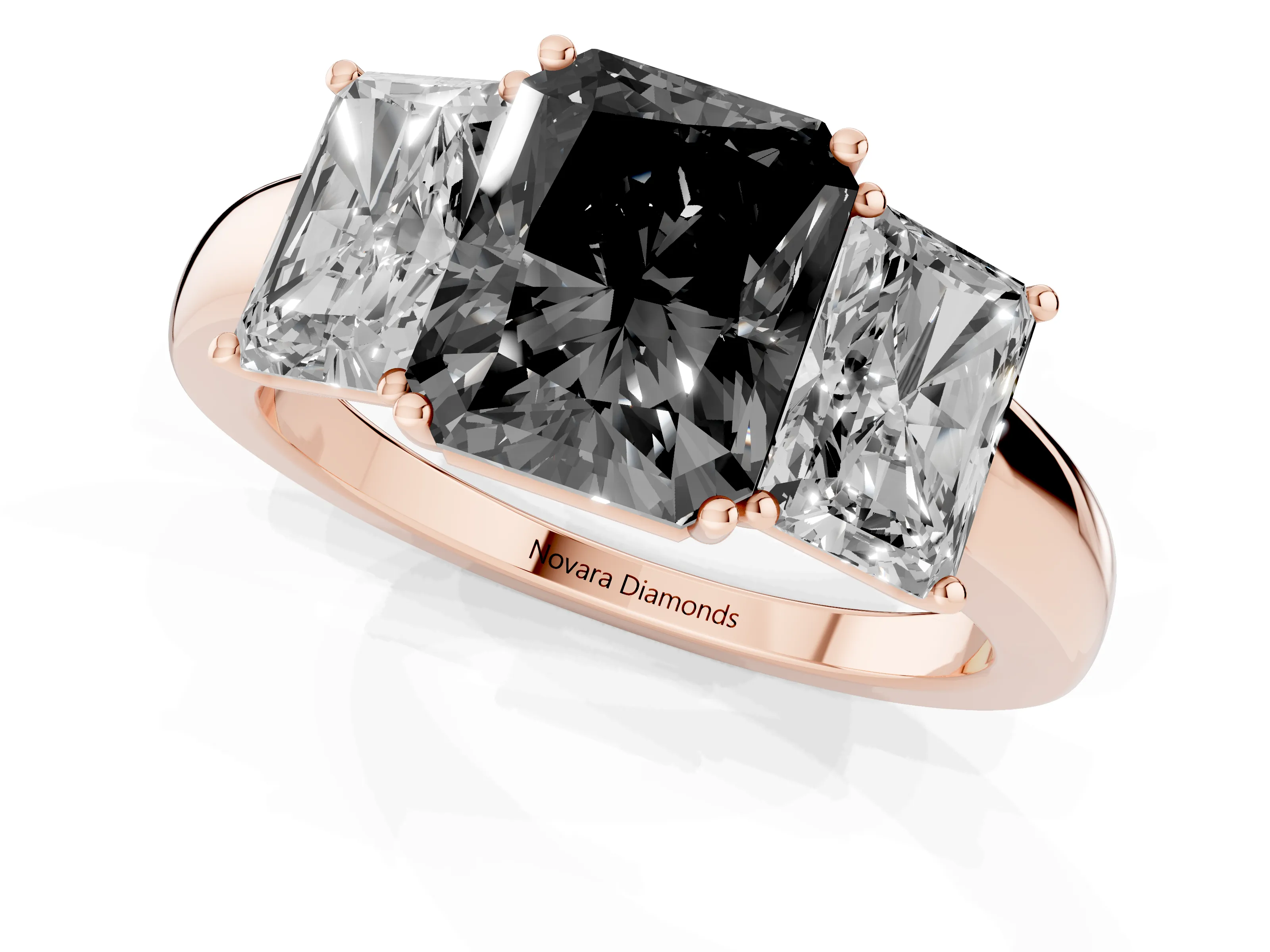 Fancy Black Radiant Cut Diamond Three-Stone Ring Set in Rose gold with Bold Center and Classic Band