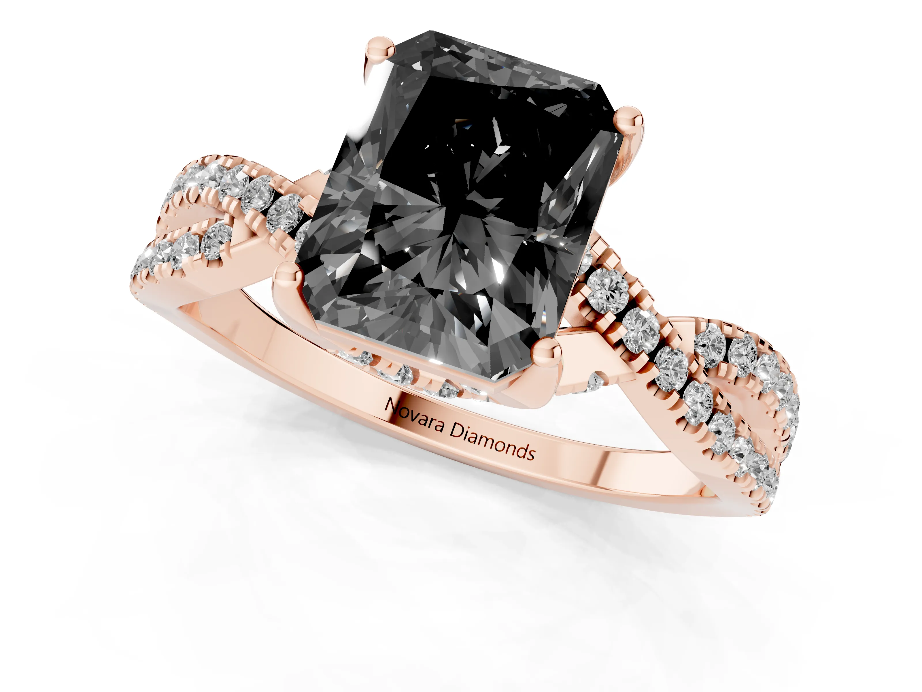 Fancy Black Radiant Cut Diamond Twist Pavé Solitaire Engagement Ring Set in Rose gold with Prong Setting