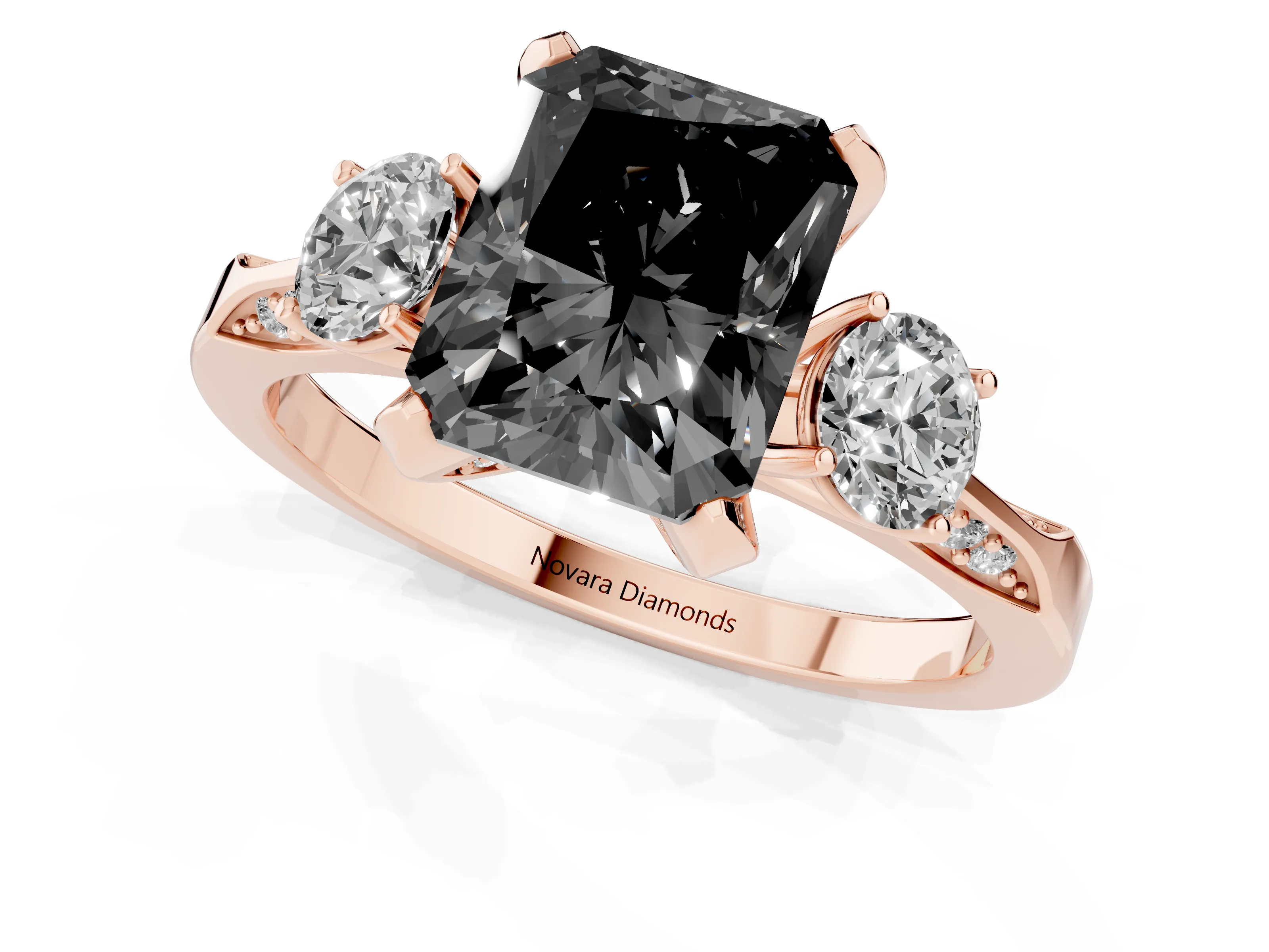 Fancy Black Radiant Cut Diamond Three-Stone Ring Set in Rose gold with Pavé Band and Smaller Side Stones