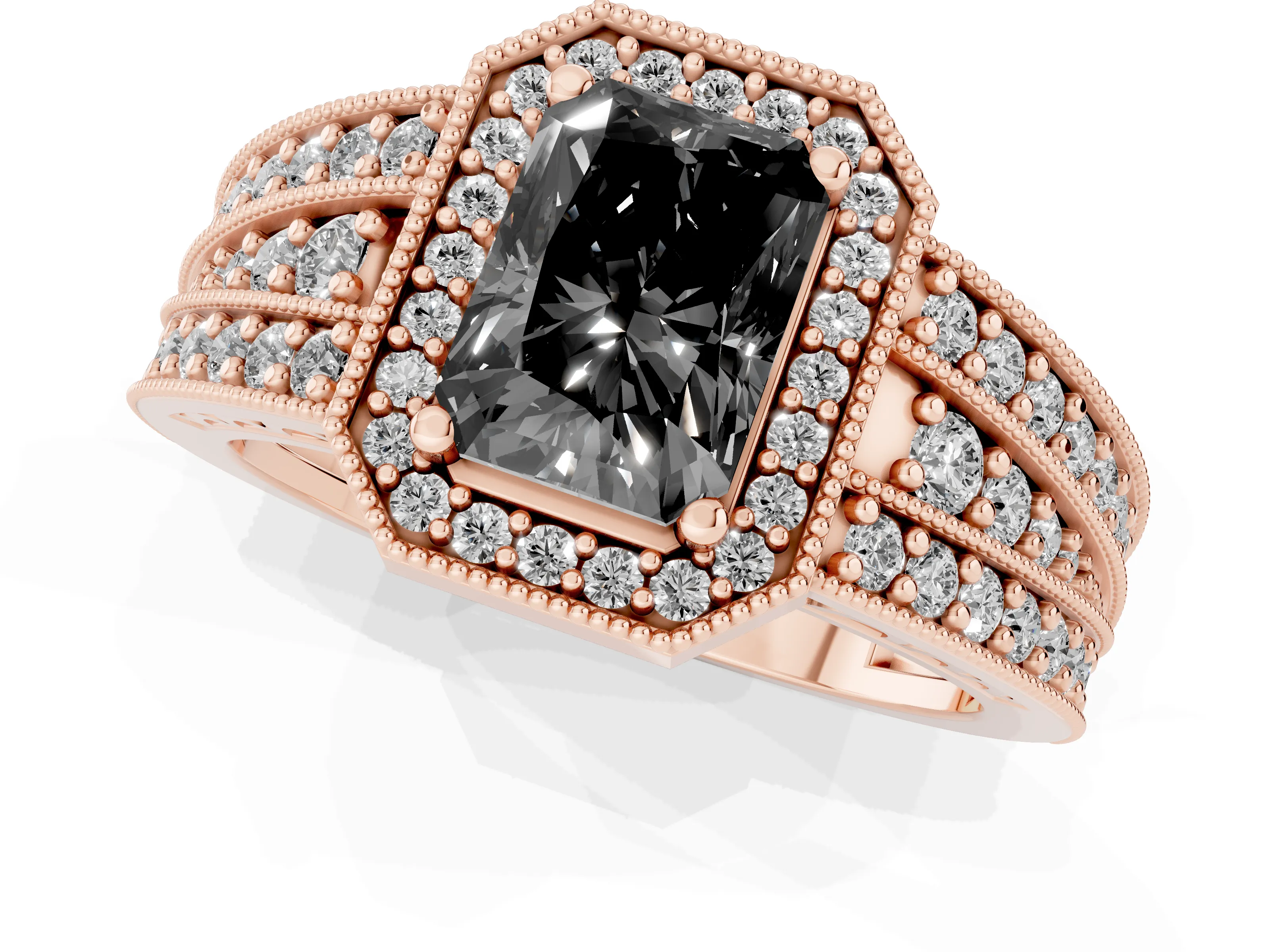 Fancy Black Radiant Cut Diamond Halo Ring Set in Rose gold with Accent Split Shank and Prong Setting