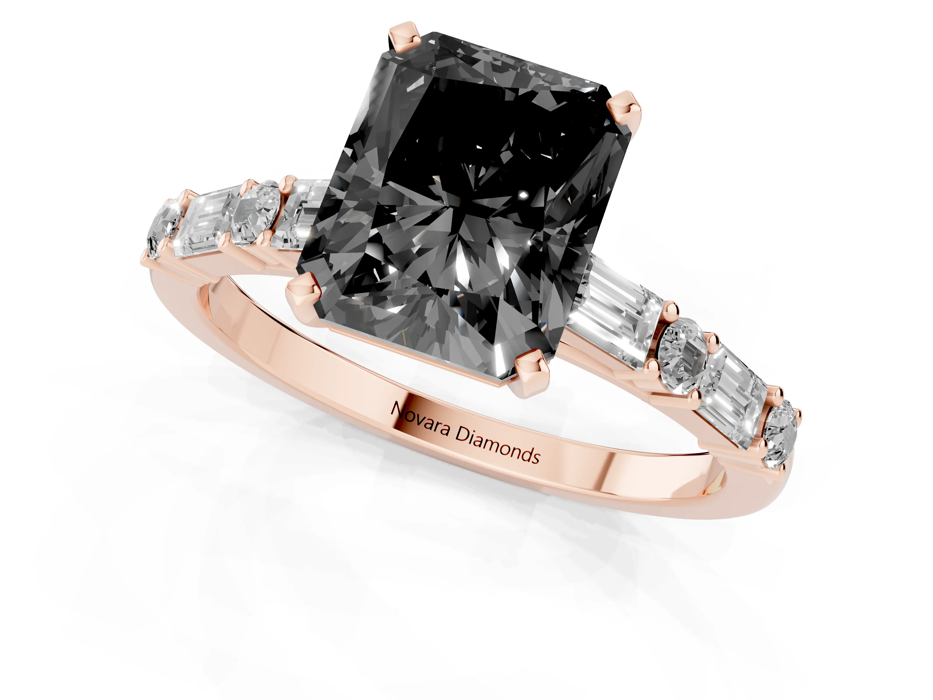 Fancy Black Radiant Cut Diamond Solitaire Set in Rose gold with Side Baguettes and Channel Set Band