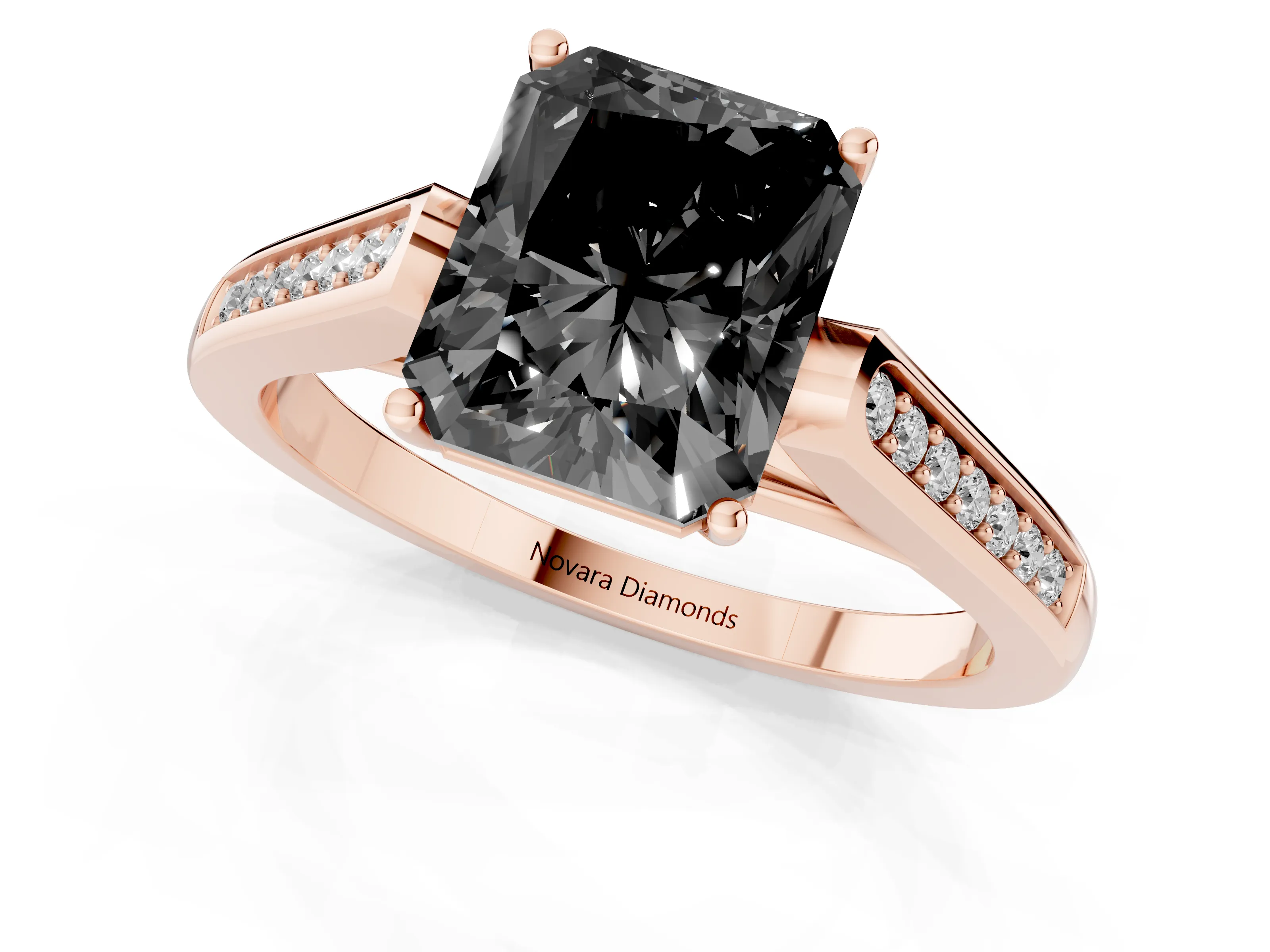Fancy Black Radiant Cut Diamond Solitaire Cathedral Engagement Ring Set in Rose gold with Channel-Set Band and Prong Setting