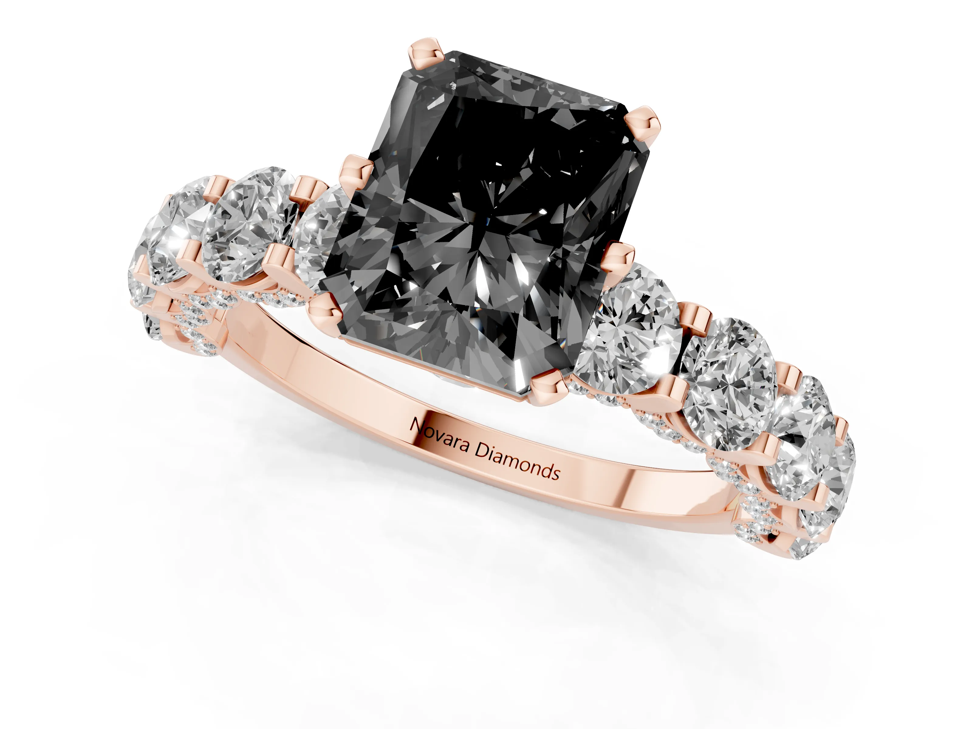 Fancy Black Radiant Cut Diamond Side Stone Ring Set in Rose gold with Alternating Round and Oval Side Stones