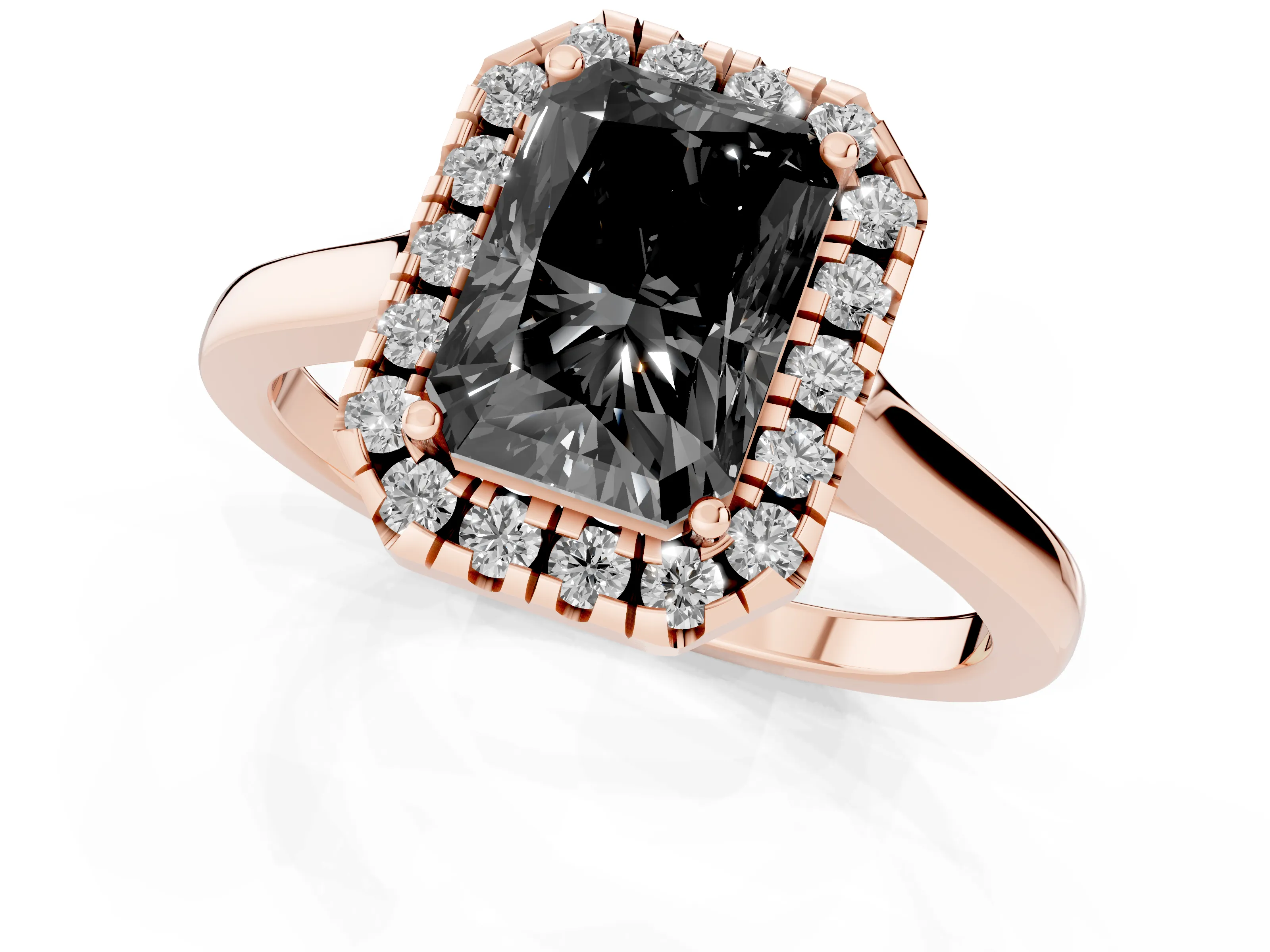 Fancy Black Radiant Cut Halo Round Diamond Solitaire Ring Set in Rose gold with Pavé Band and Prong Setting