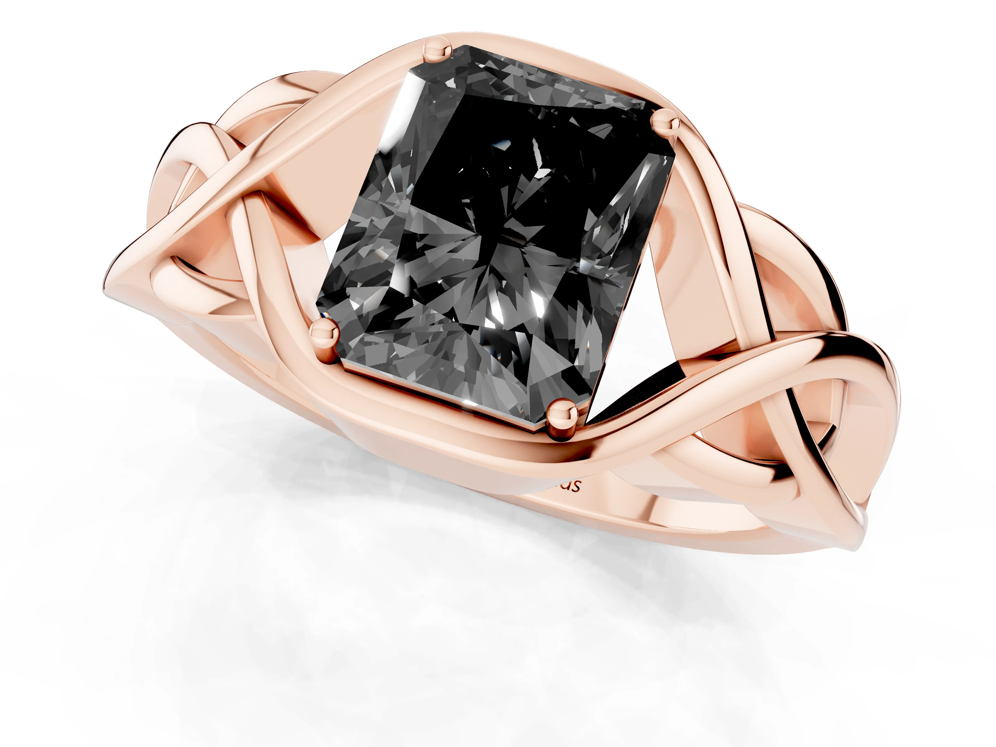 Fancy Black Radiant Cut Diamond Solitaire Ring Set in Rose gold with Intertwined Band