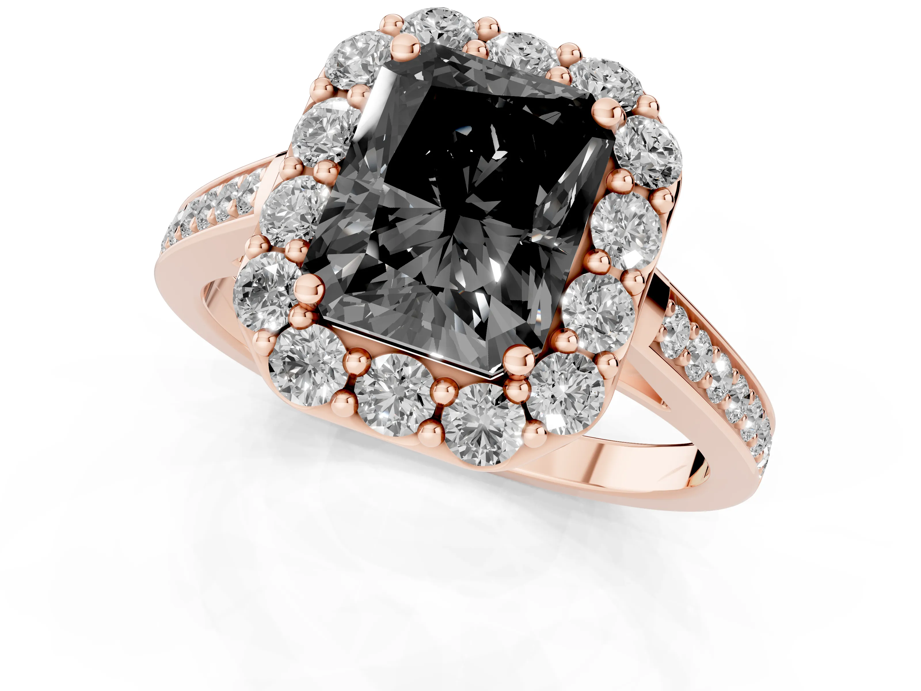 Fancy Black Radiant Cut Diamond Floral Halo Ring Set in Rose gold with Pavé Band and Prong Setting