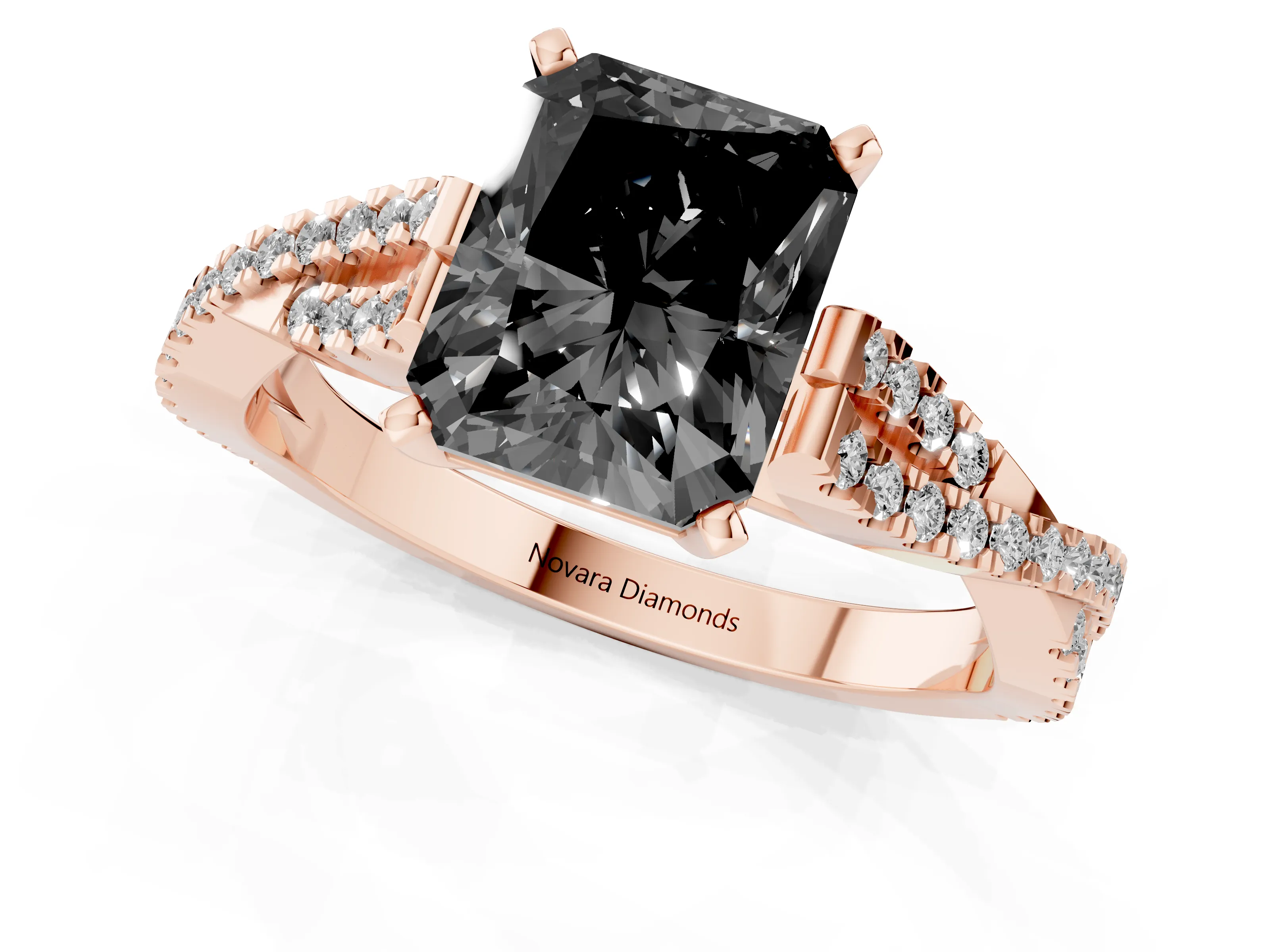 Fancy Black Radiant Cut Diamond Solitaire Engagement Ring Set in Rose gold with Twisted Pavé Band and Prong Setting