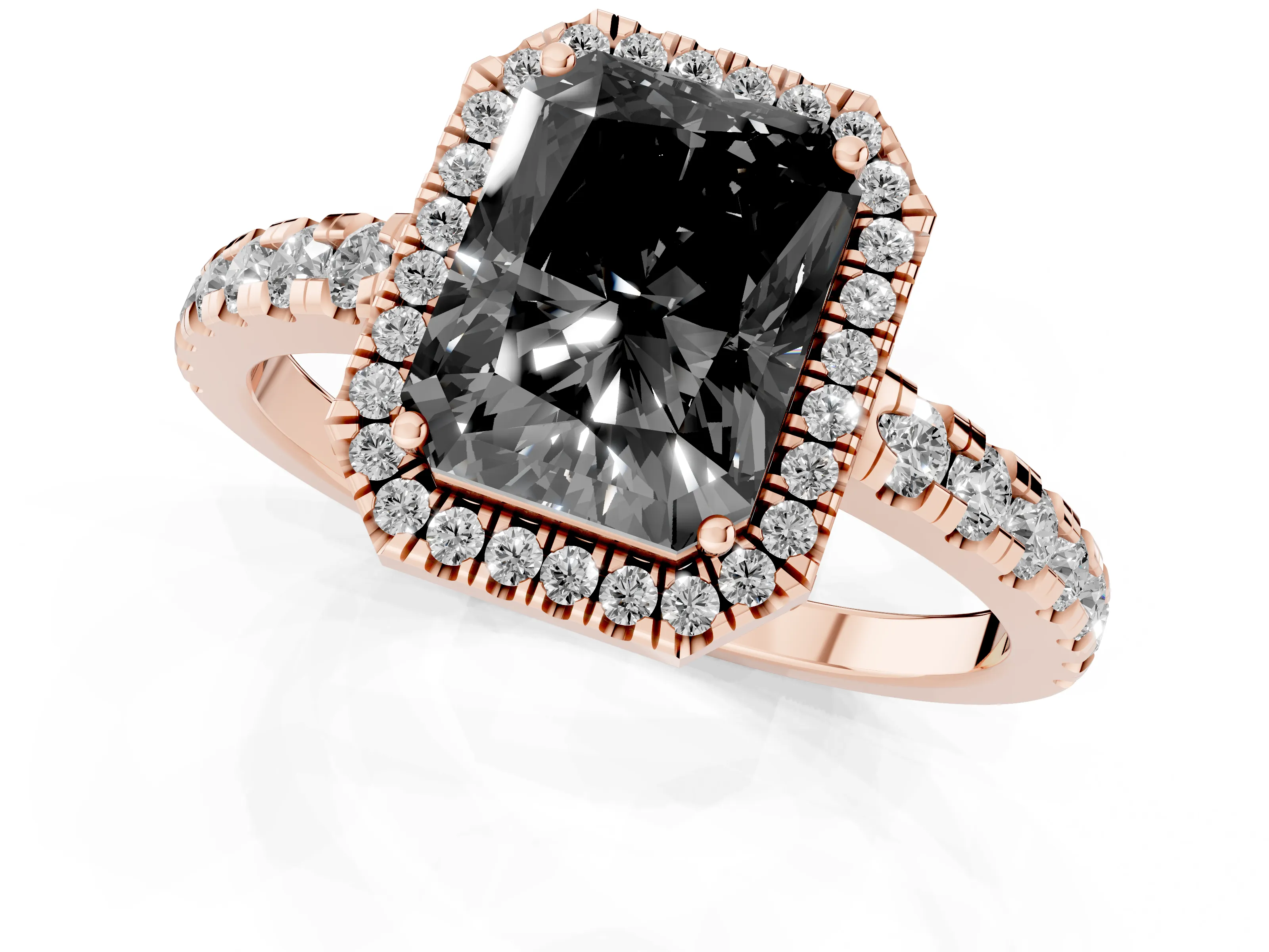 Fancy Black Radiant Cut Diamond Halo Ring Set in Rose gold with Delicate Pavé Band and Prong Setting