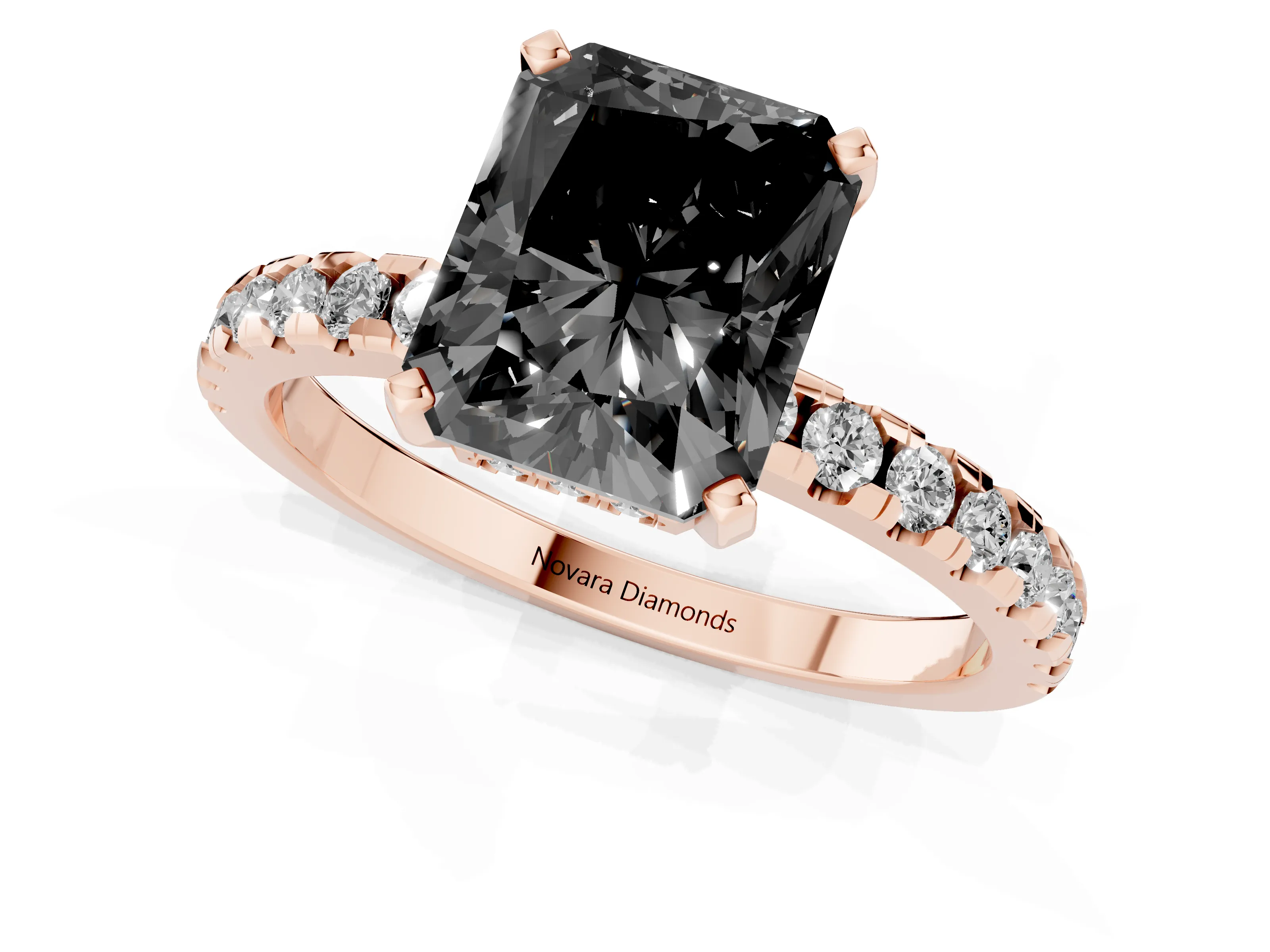 Fancy Black Radiant Cut Diamond Pavé Solitaire Ring Set in Rose gold with Round Band Accents and Prong Setting