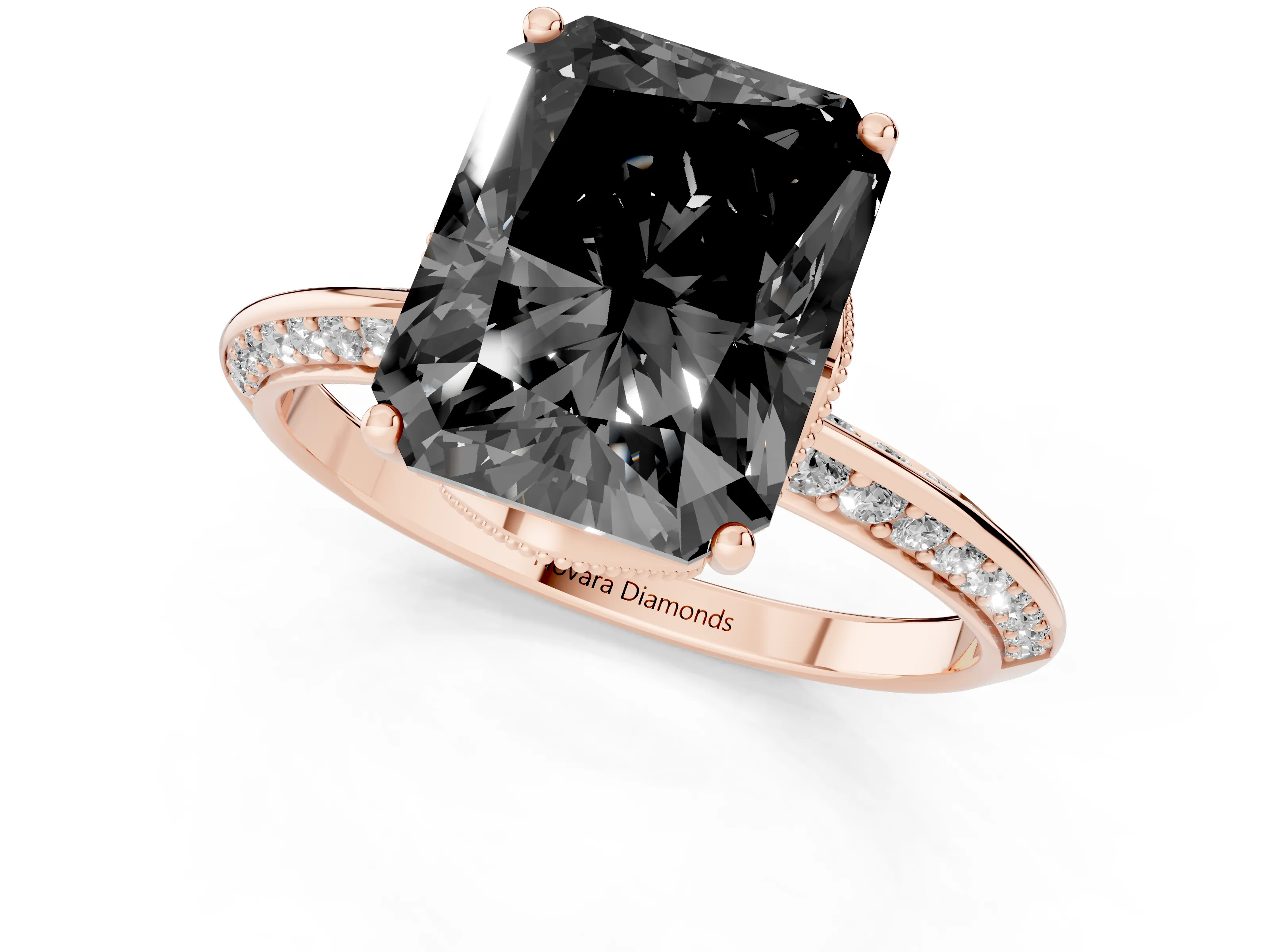 Fancy Black Radiant Cut Diamond Solitaire Engagement Ring Set in Rose gold with Pavé Split Shank and Prong Setting