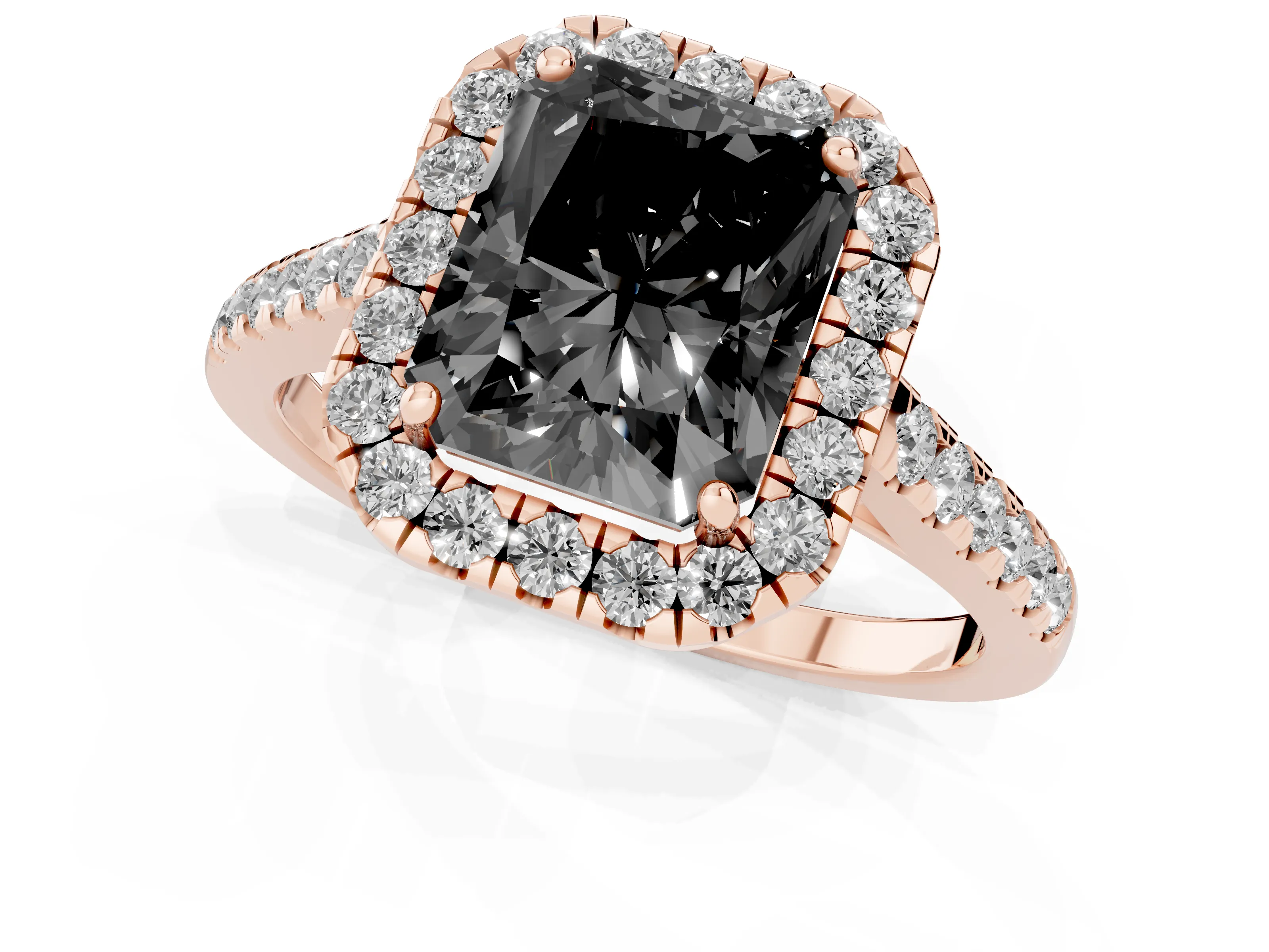 Fancy Black Radiant Cut Diamond Halo Pavé Engagement Ring Set in Rose gold with Prong Setting