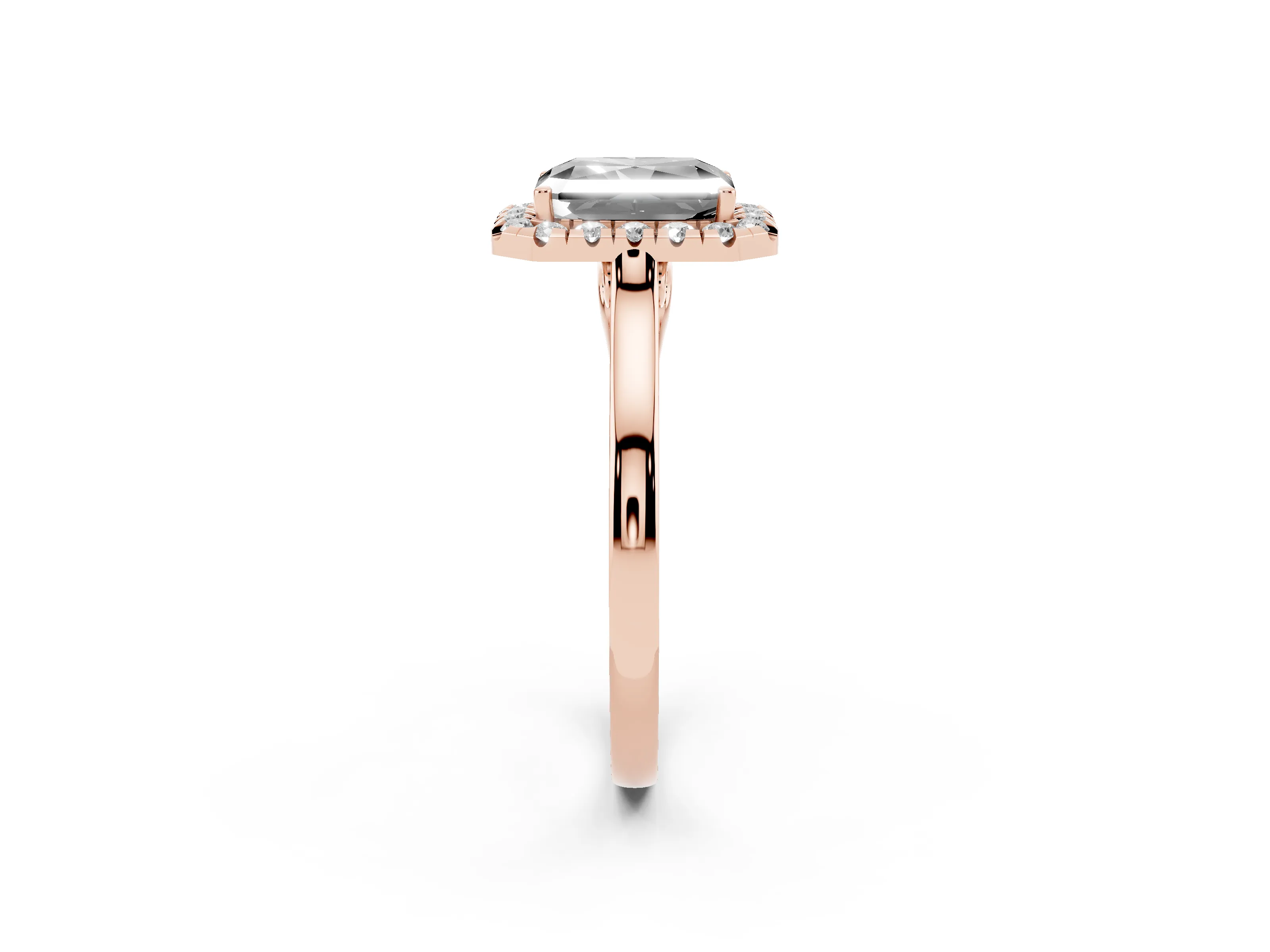 Fancy Black Radiant Cut Halo Round Diamond Solitaire Ring Set in Rose gold with Pavé Band and Prong Setting