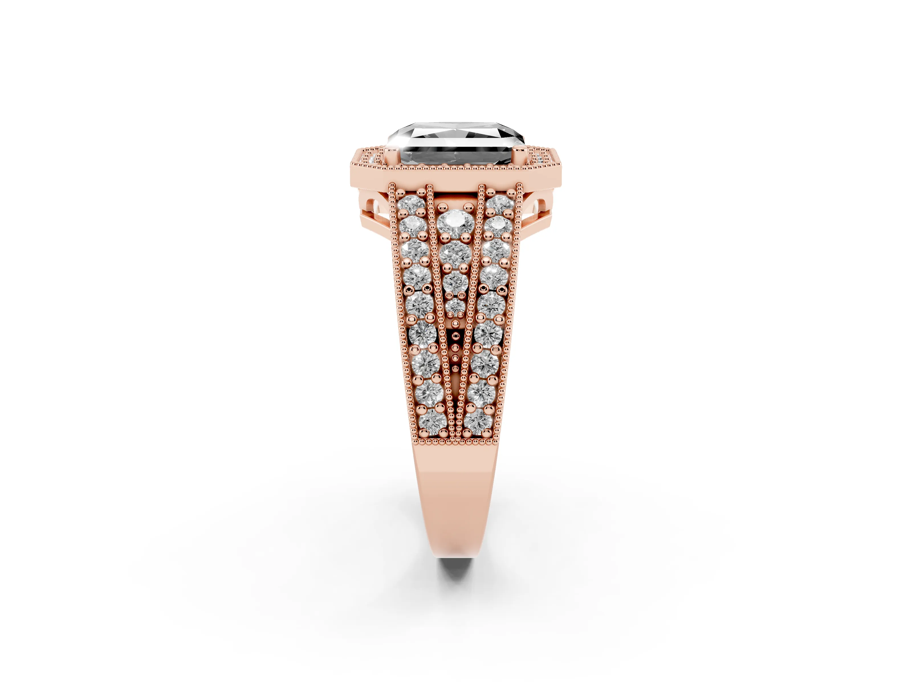 Fancy Black Radiant Cut Diamond Halo Ring Set in Rose gold with Accent Split Shank and Prong Setting