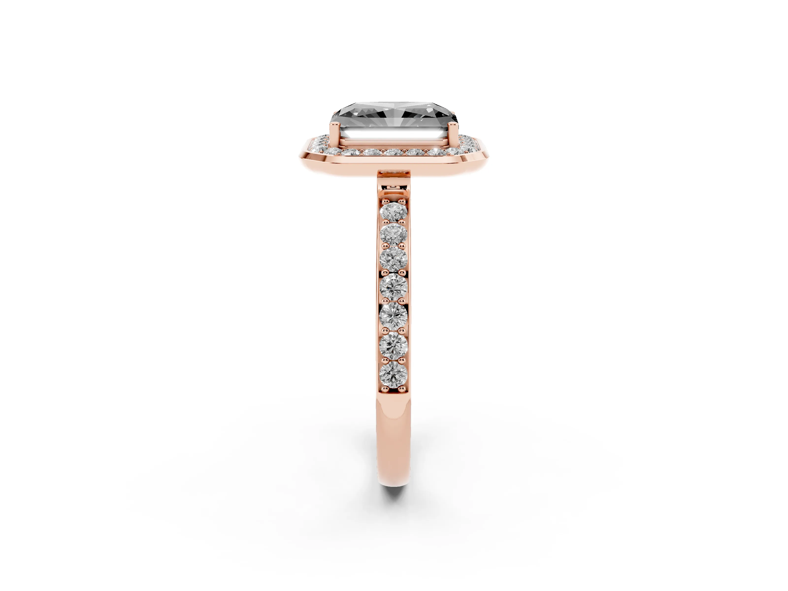 Fancy Black Radiant Cut Diamond Halo Ring Set in Rose gold with Bezel Frame and Pavé Band