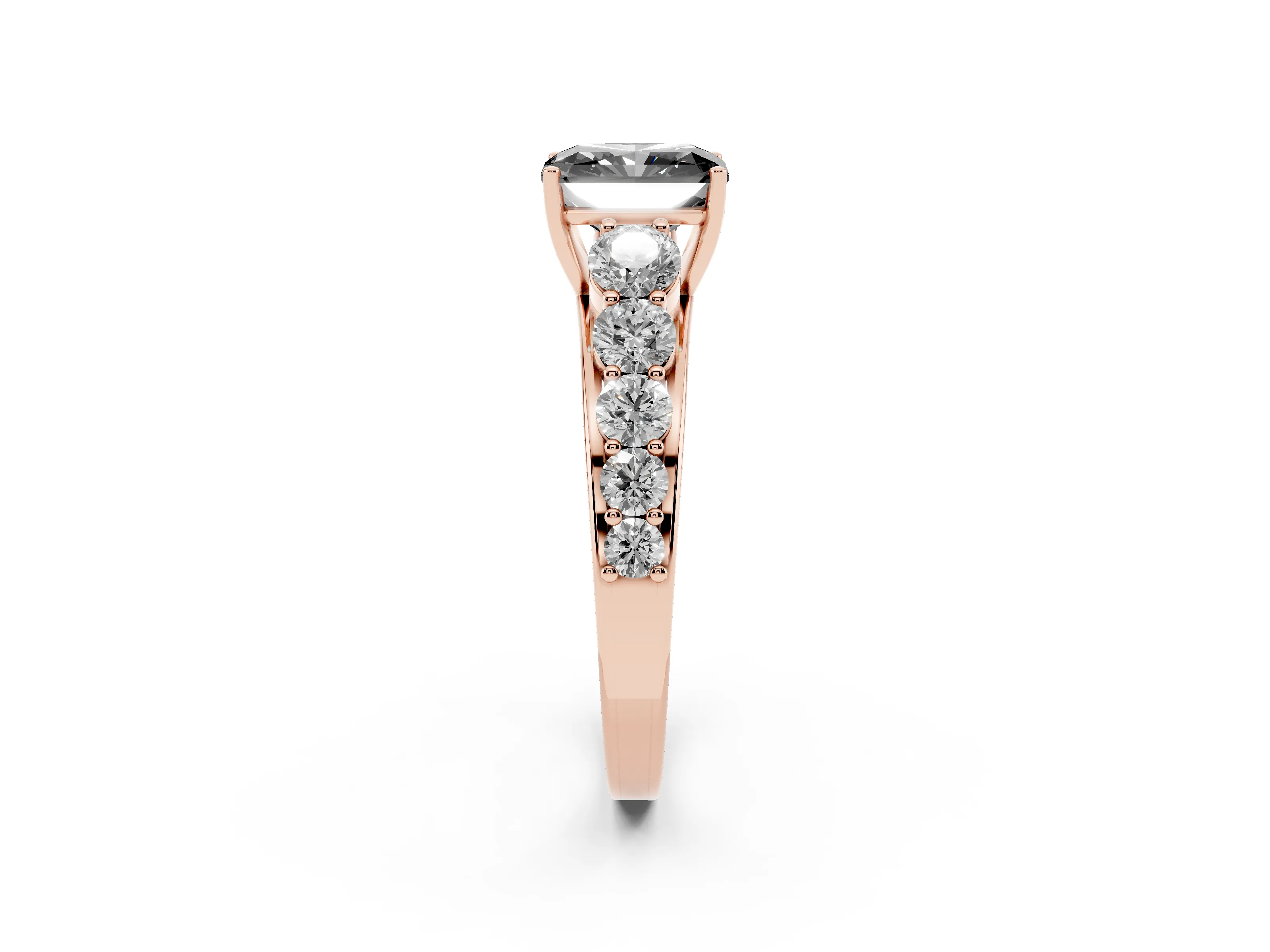 Fancy Black Radiant Cut Diamond Solitaire Ring Set in Rose gold with Pavé-Set Band and Prong Setting