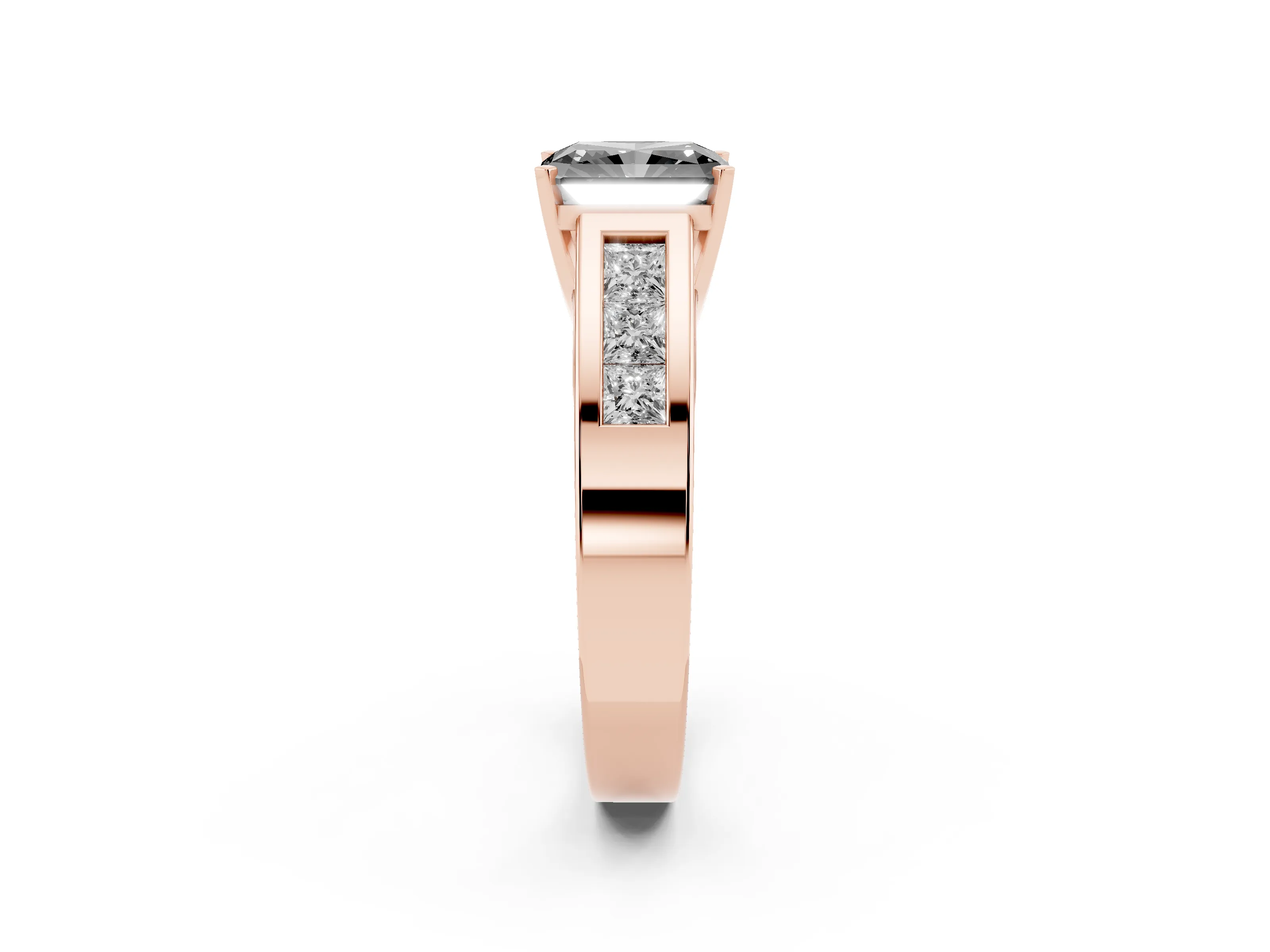 Fancy Black Radiant Cut Diamond Solitaire Ring Set in Rose gold with Channel-Set Accent Stones and Prong Setting