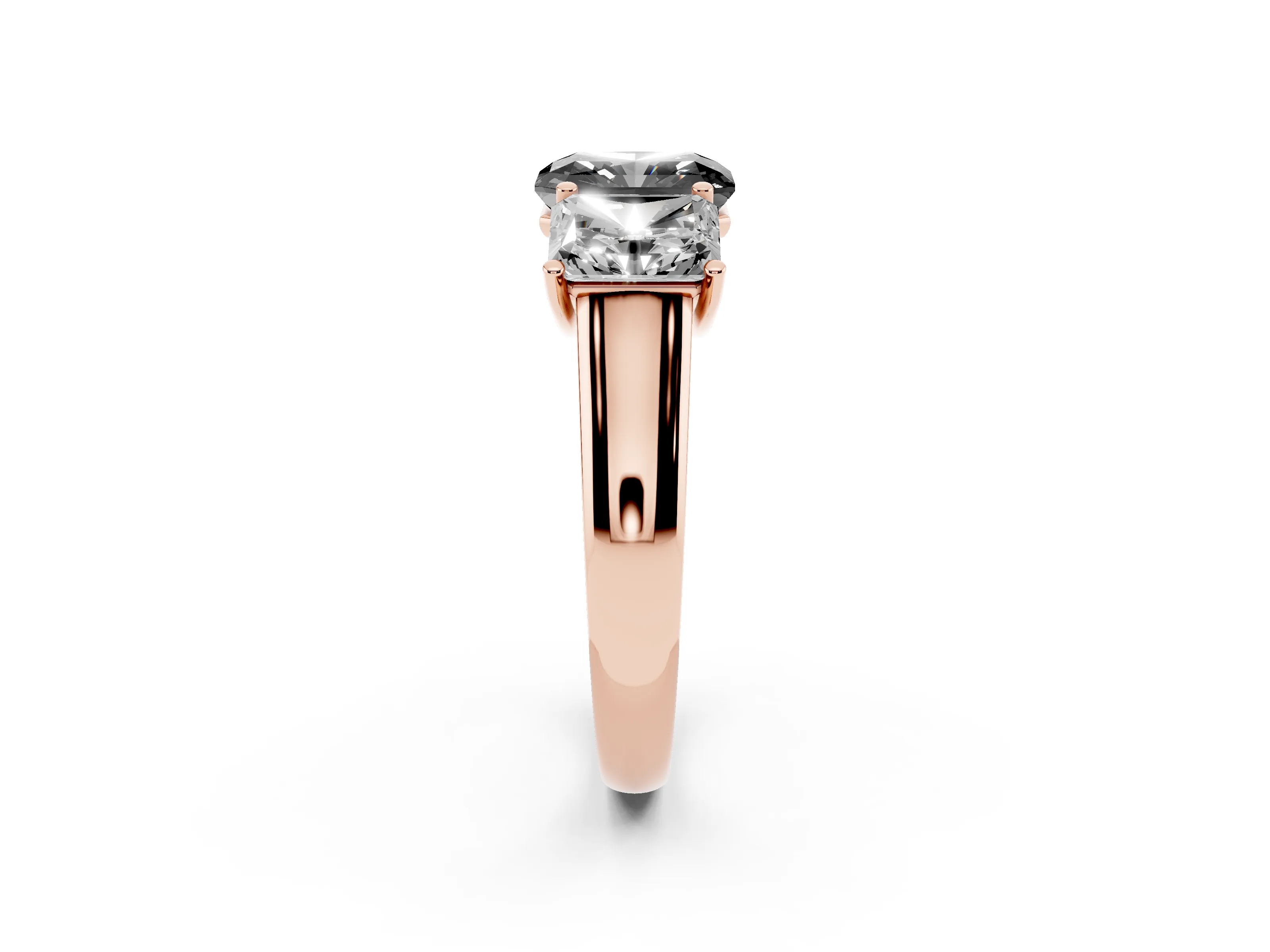 Fancy Black Radiant Cut Diamond Three-Stone Ring Set in Rose gold with Plain Polished Band