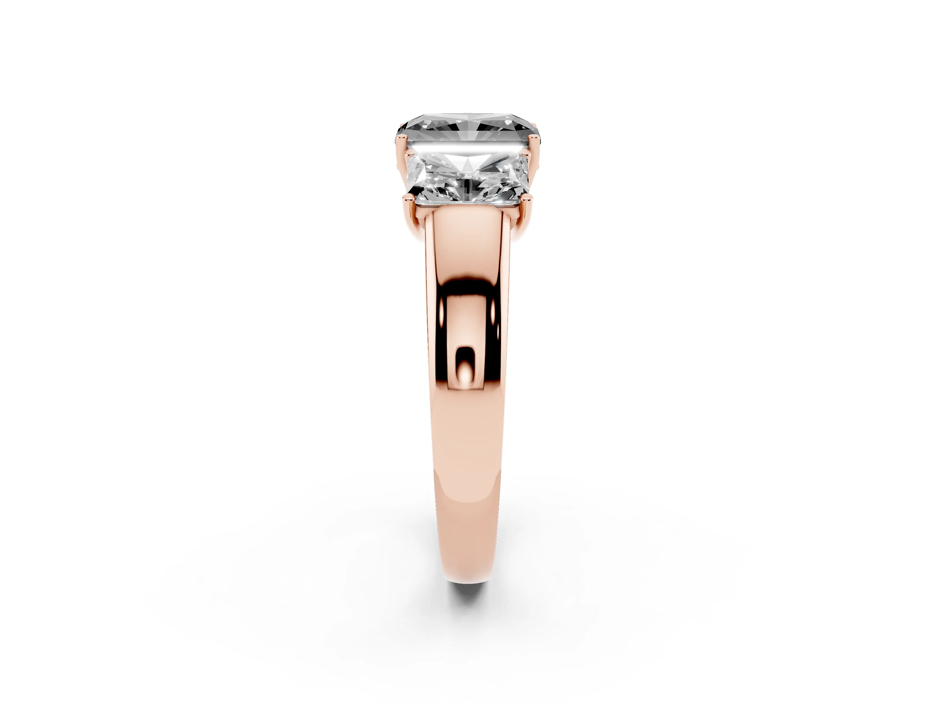 Fancy Black Three-Stone Radiant Cut Diamond Ring Set in Rose gold with Matching Prong Settings and Plain Band