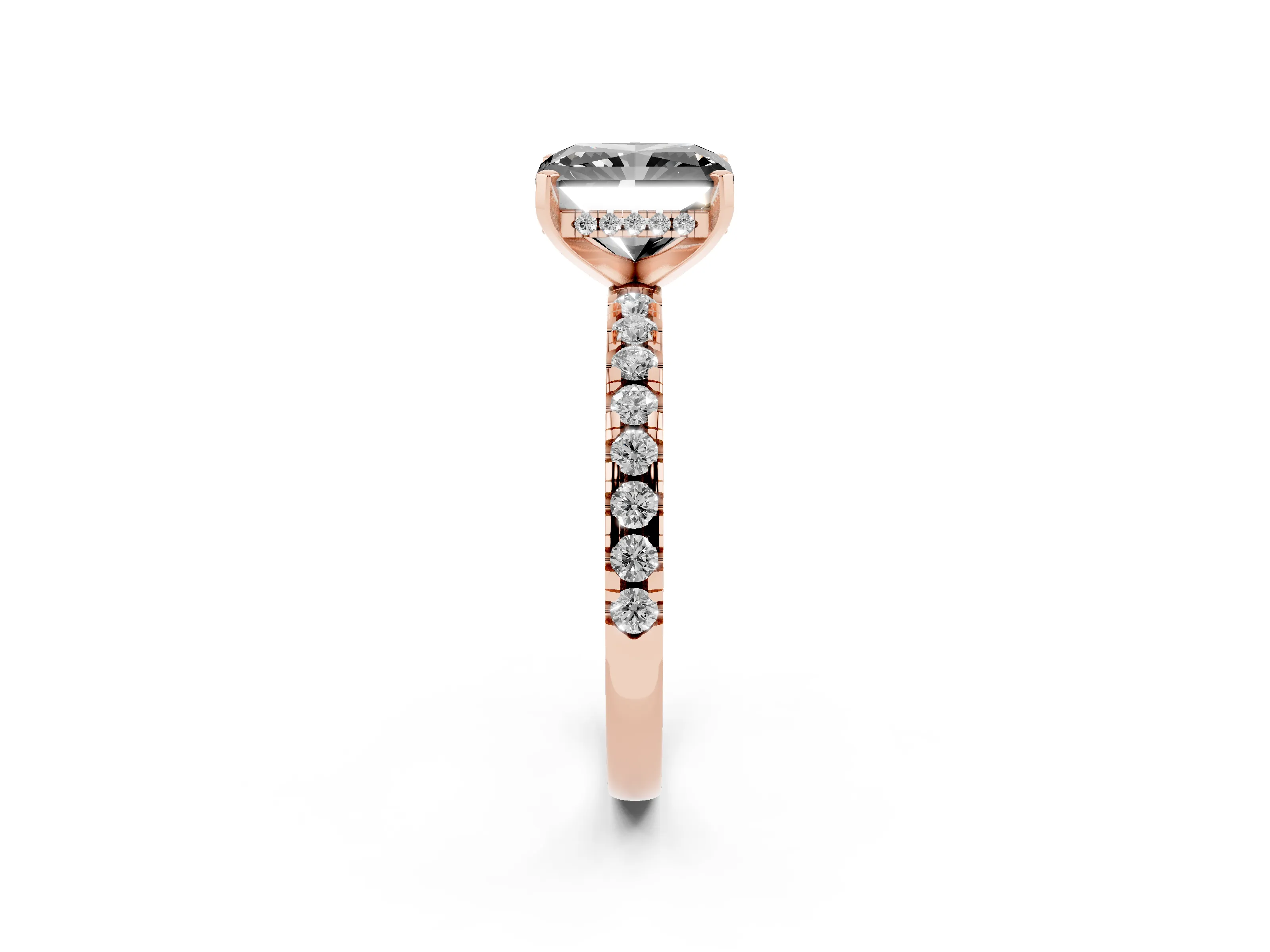 Fancy Black Radiant Cut Diamond Pavé Solitaire Ring Set in Rose gold with Round Band Accents and Prong Setting