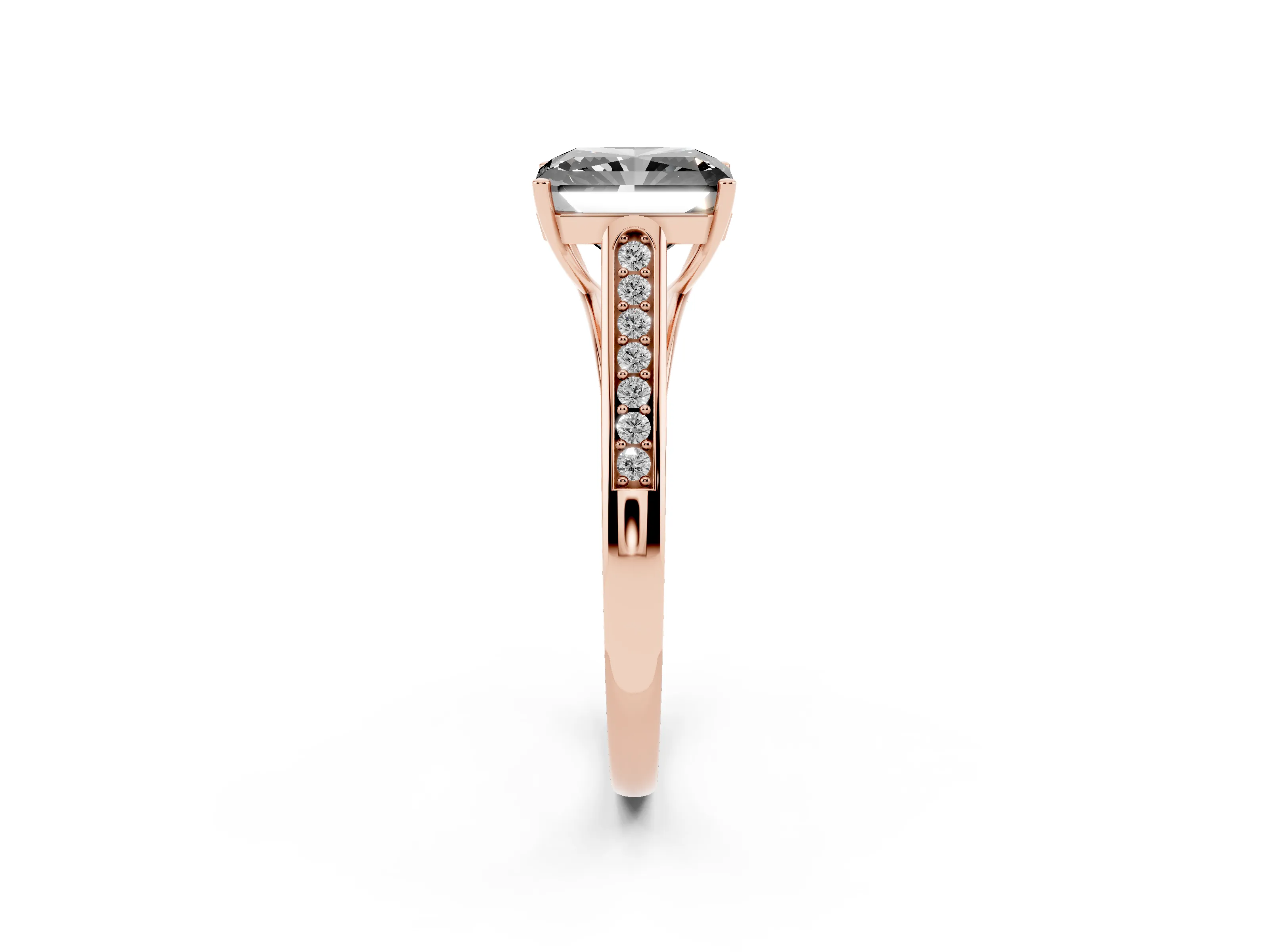 Fancy Black Radiant Cut Diamond Solitaire Cathedral Engagement Ring Set in Rose gold with Channel-Set Band and Prong Setting