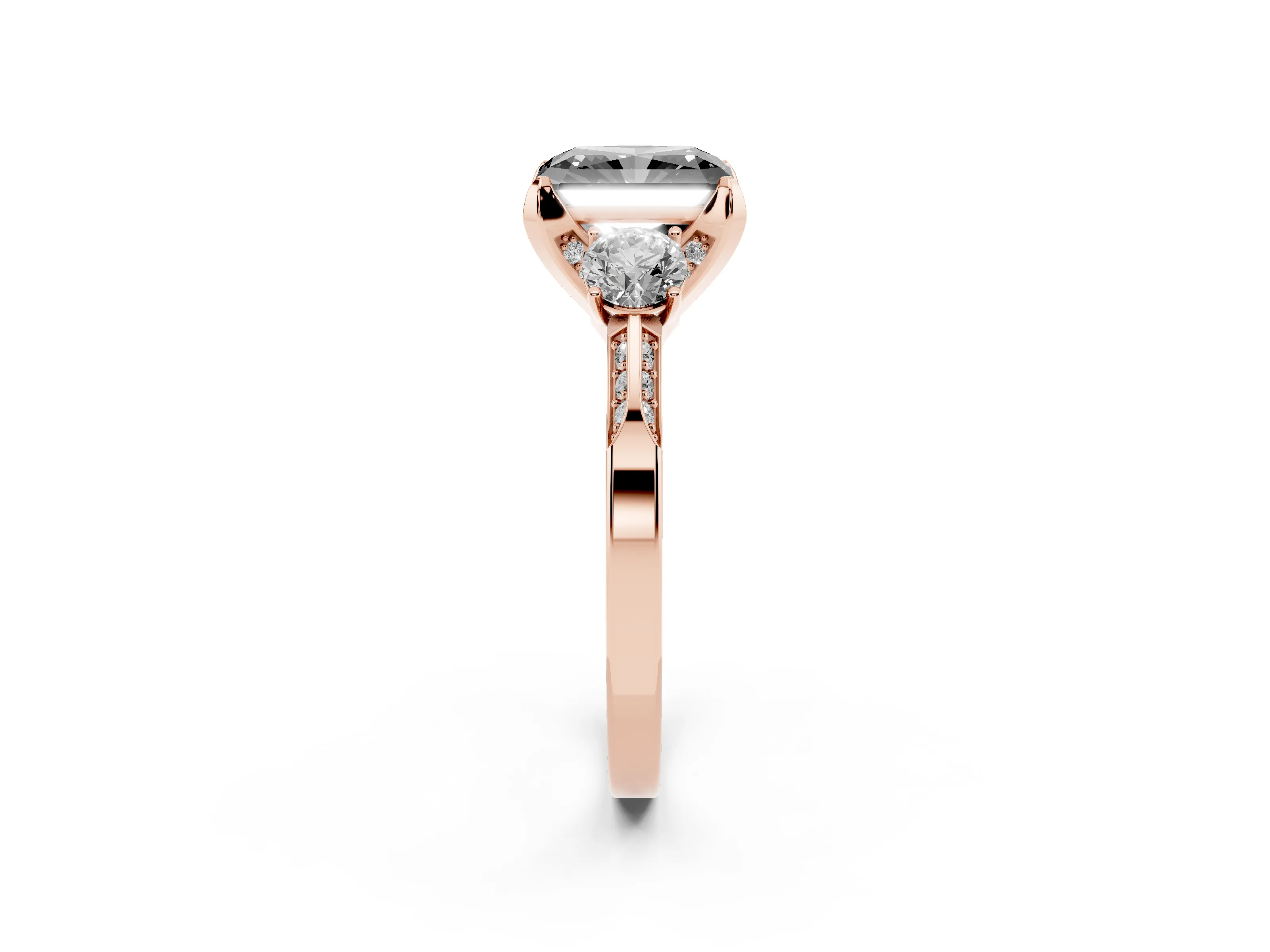 Fancy Black Radiant Cut Diamond Three-Stone Ring Set in Rose gold with Pavé Band and Smaller Side Stones