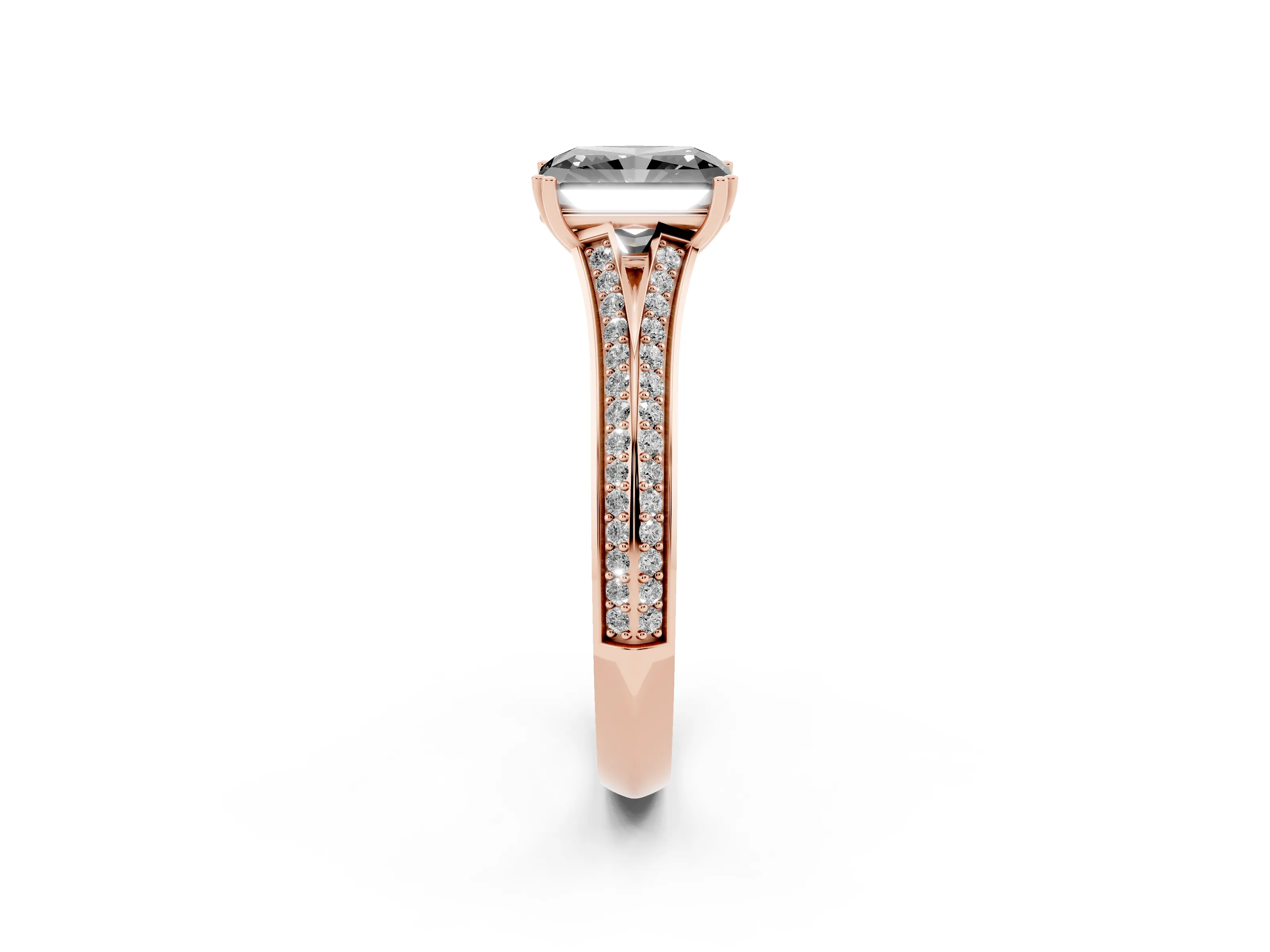 Fancy Black Radiant Cut Diamond Split Shank Pavé Engagement Ring Set in Rose gold with Prong-Set Center Stone