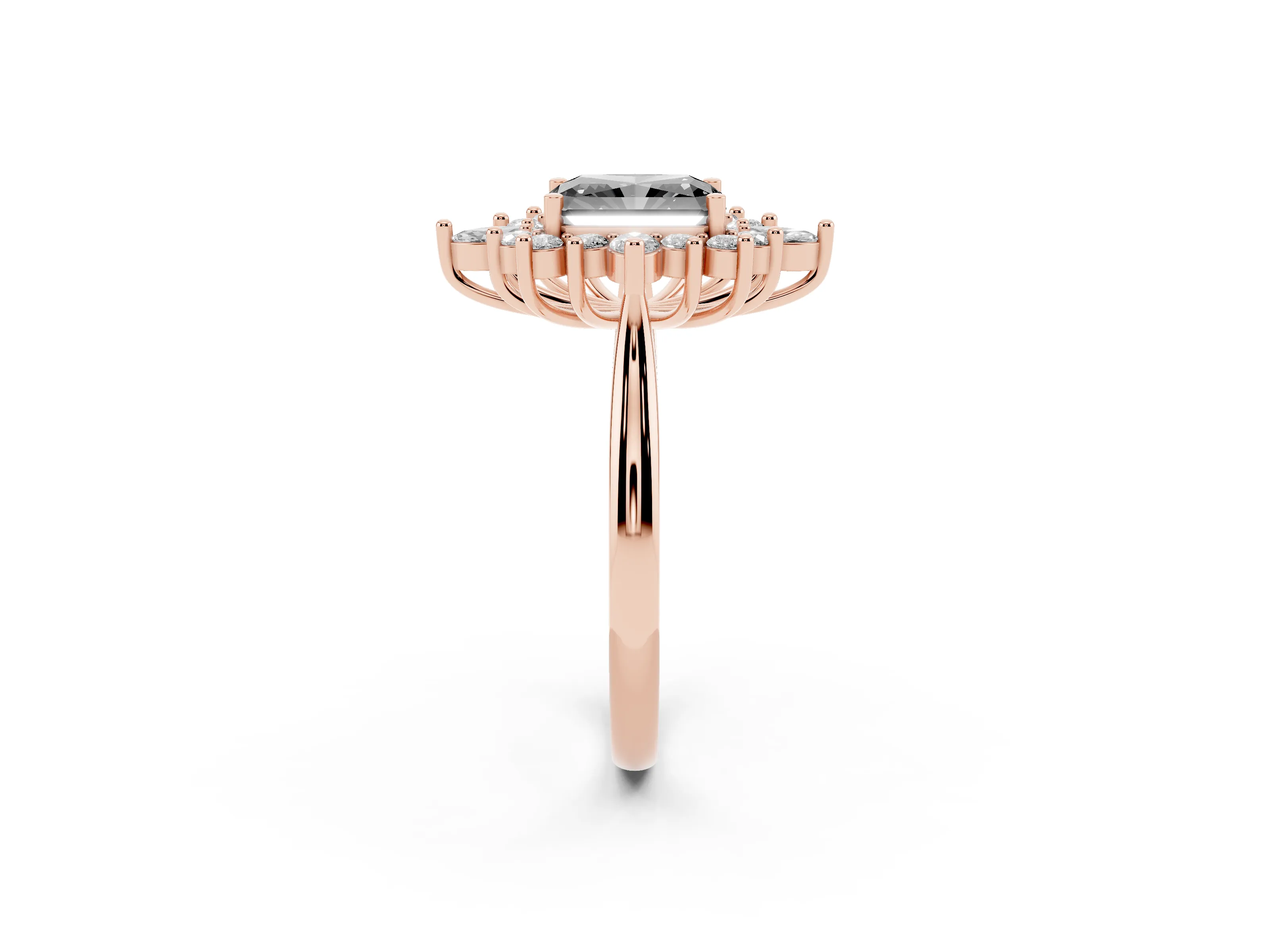 Fancy Black Radiant Cut Diamond Cluster Halo Ring Set in Rose gold with Marquise and Round Accents