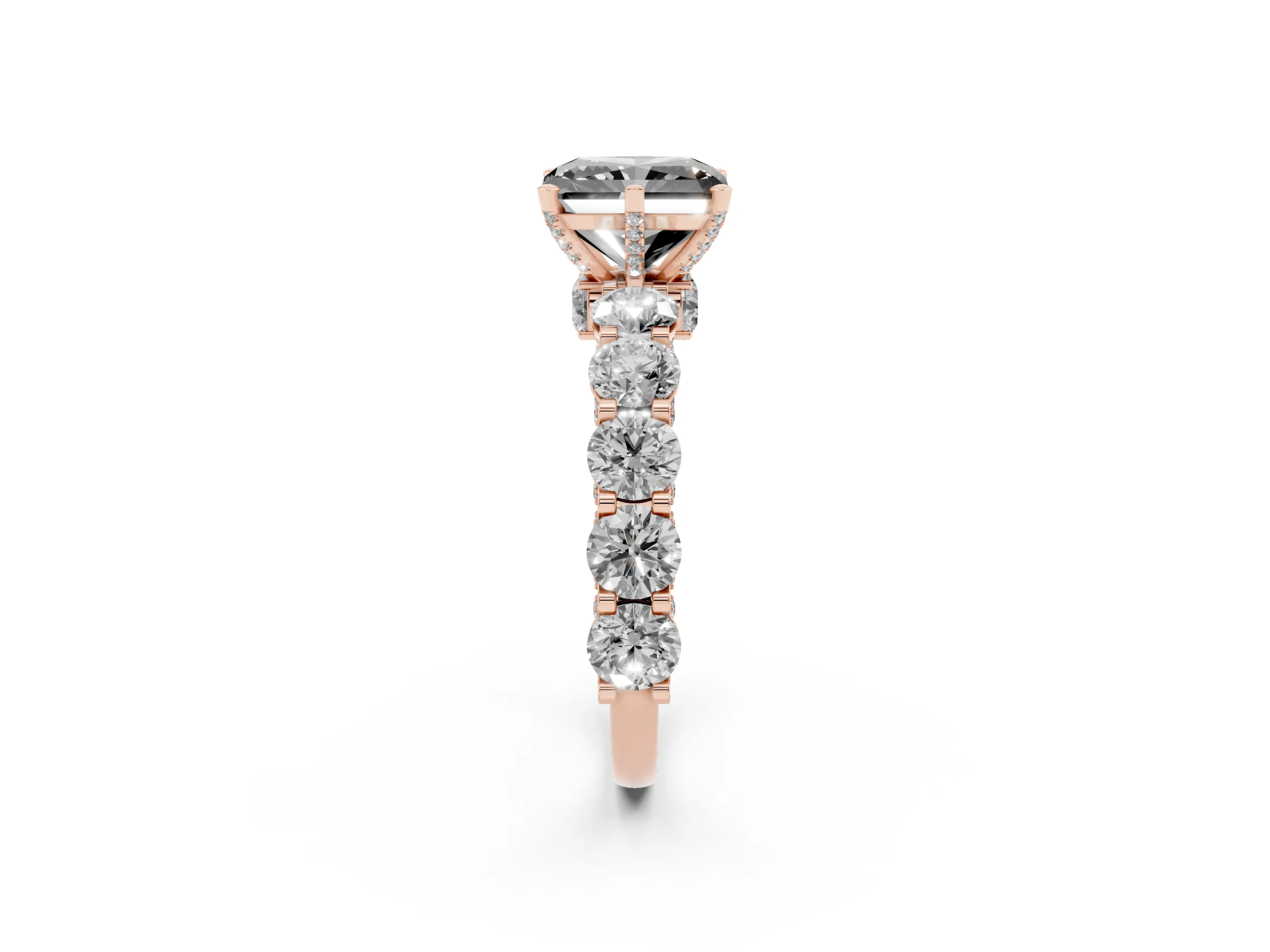Fancy Black Radiant Cut Diamond Side Stone Ring Set in Rose gold with Alternating Round and Oval Side Stones
