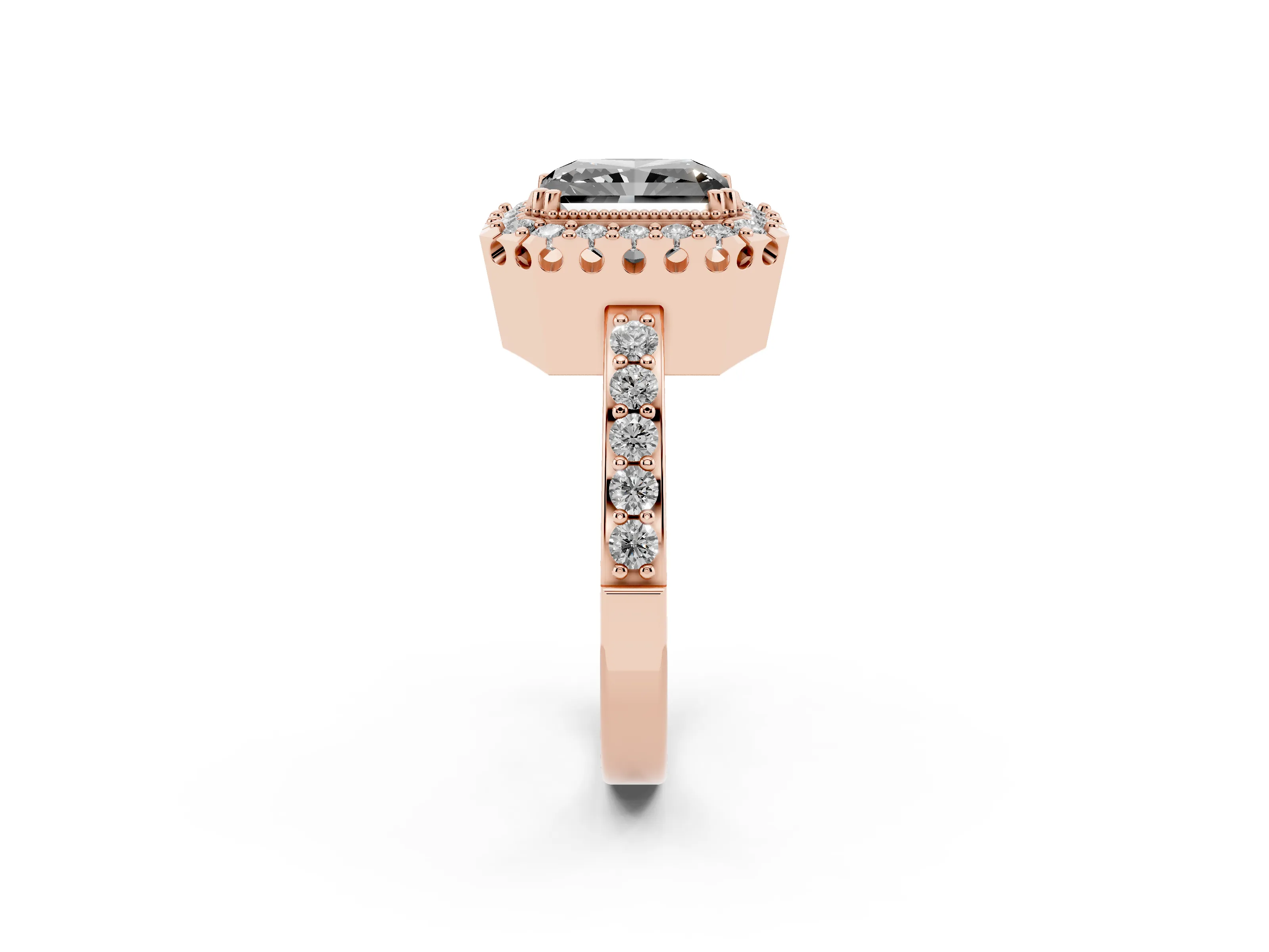 Fancy Black Radiant Cut Diamond Halo Ring Set in Rose gold with Pavé Shank and Prong Setting