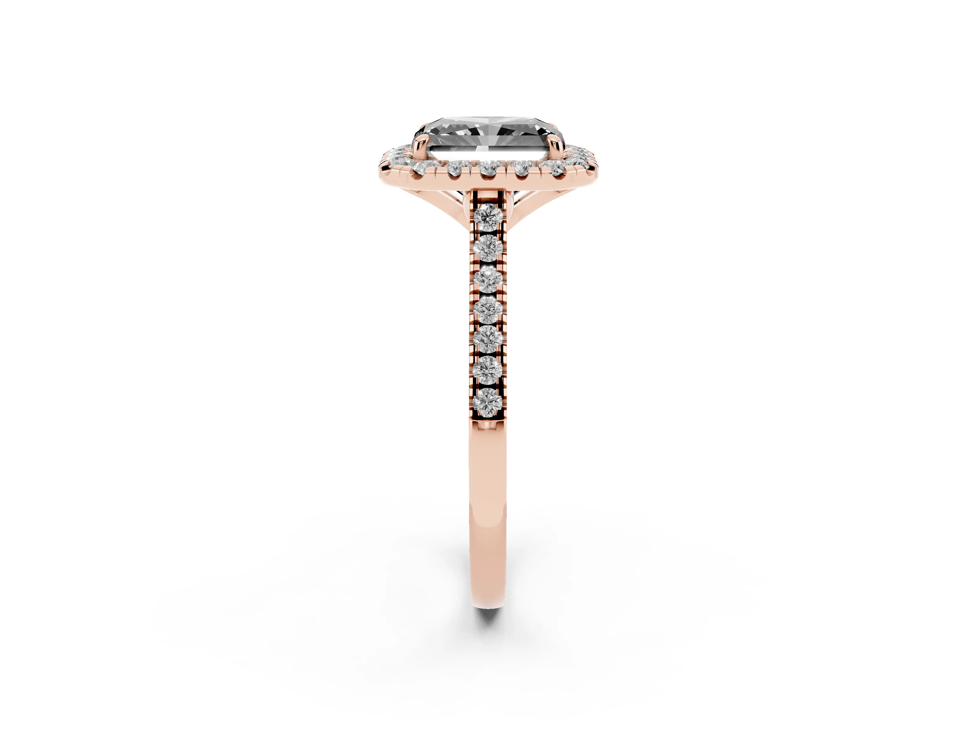 Fancy Black Radiant Cut Diamond Cushion Halo Ring Set in Rose gold with Pavé Band