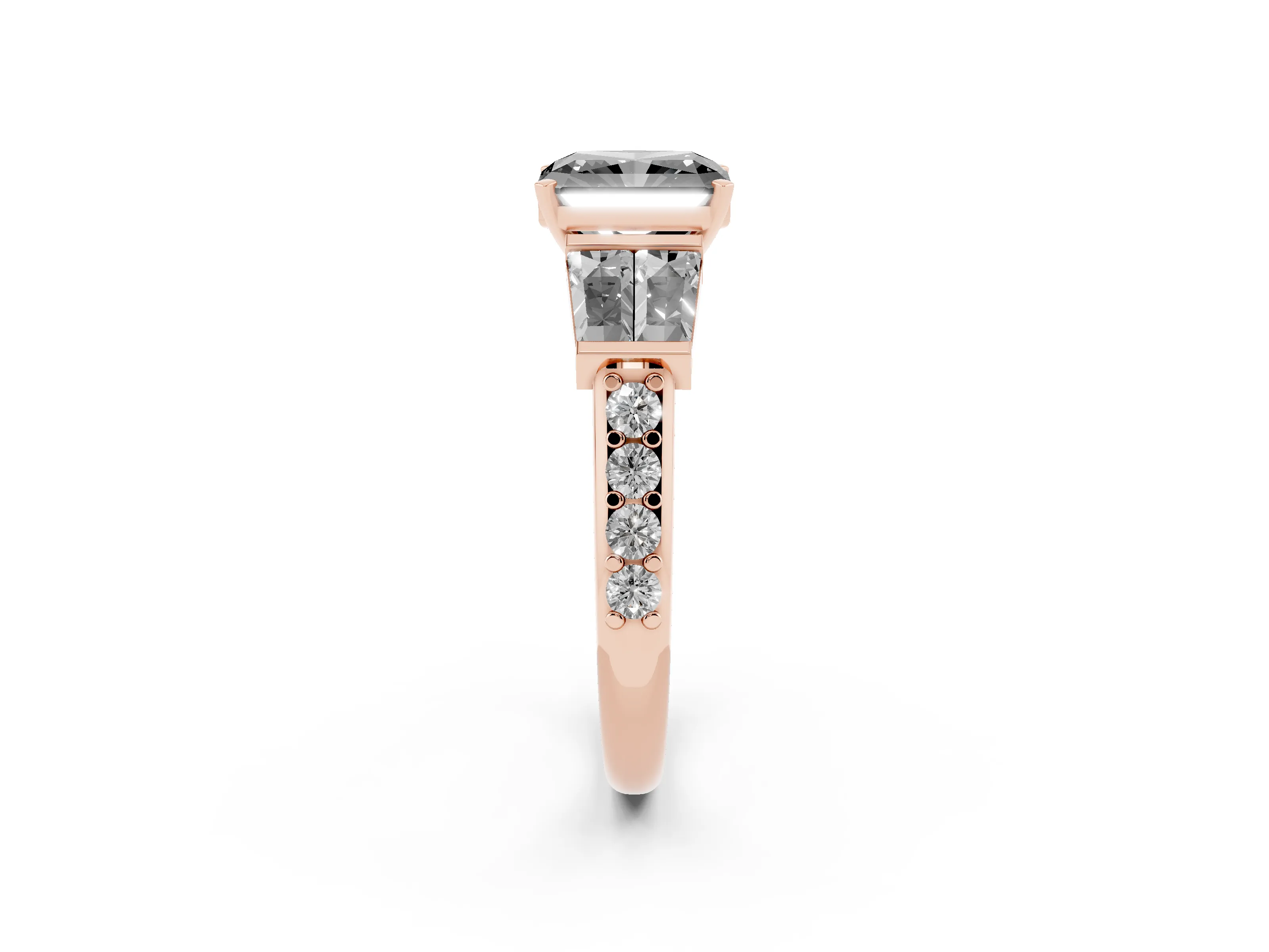 Fancy Black Radiant Cut Diamond Engagement Ring Set in Rose gold with Baguette Side Stones and Channel Set Band