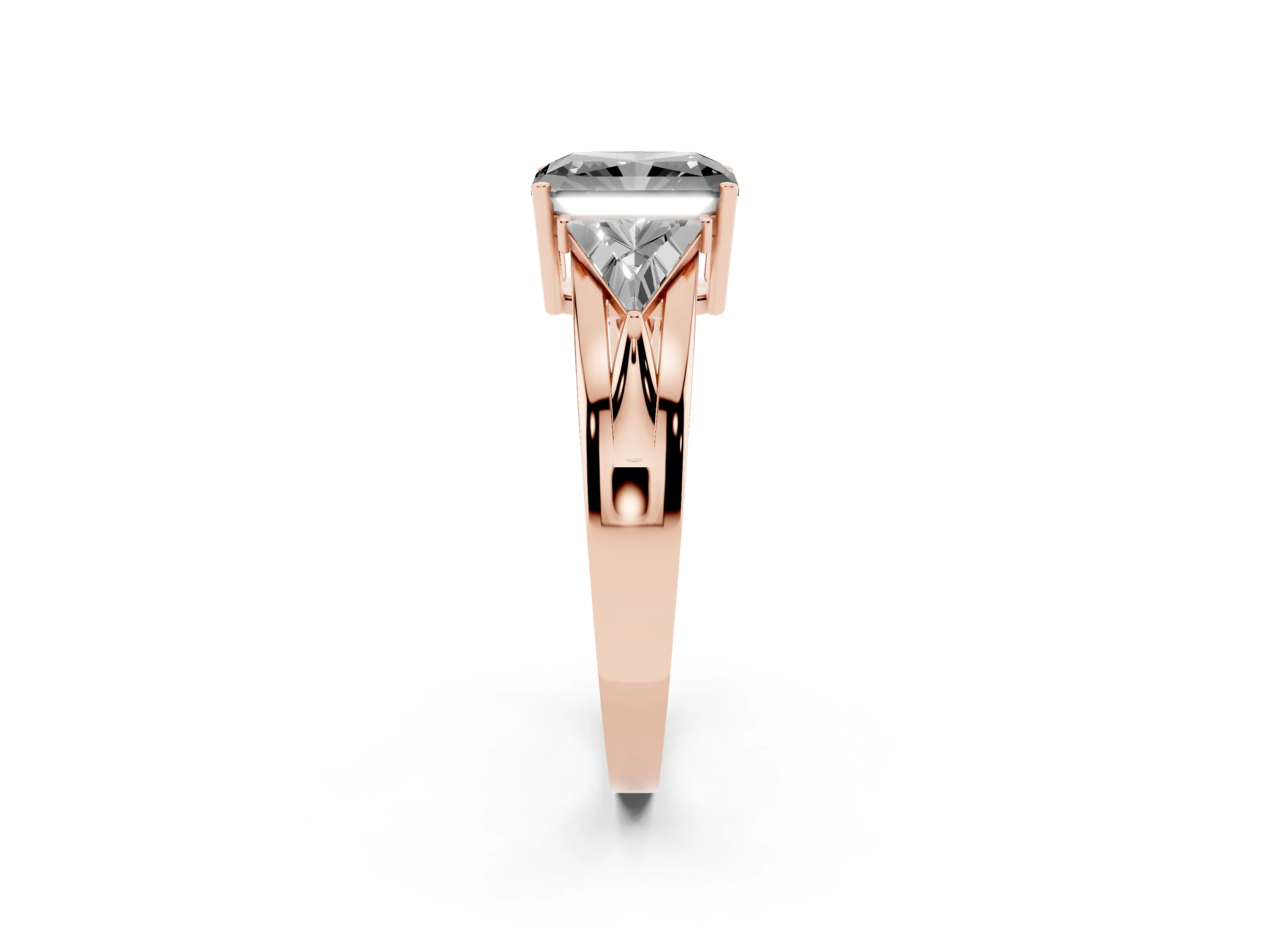 Fancy Black Radiant Cut Diamond Three-Stone Ring Set in Rose gold with Trillion Side Stones and Split Shank