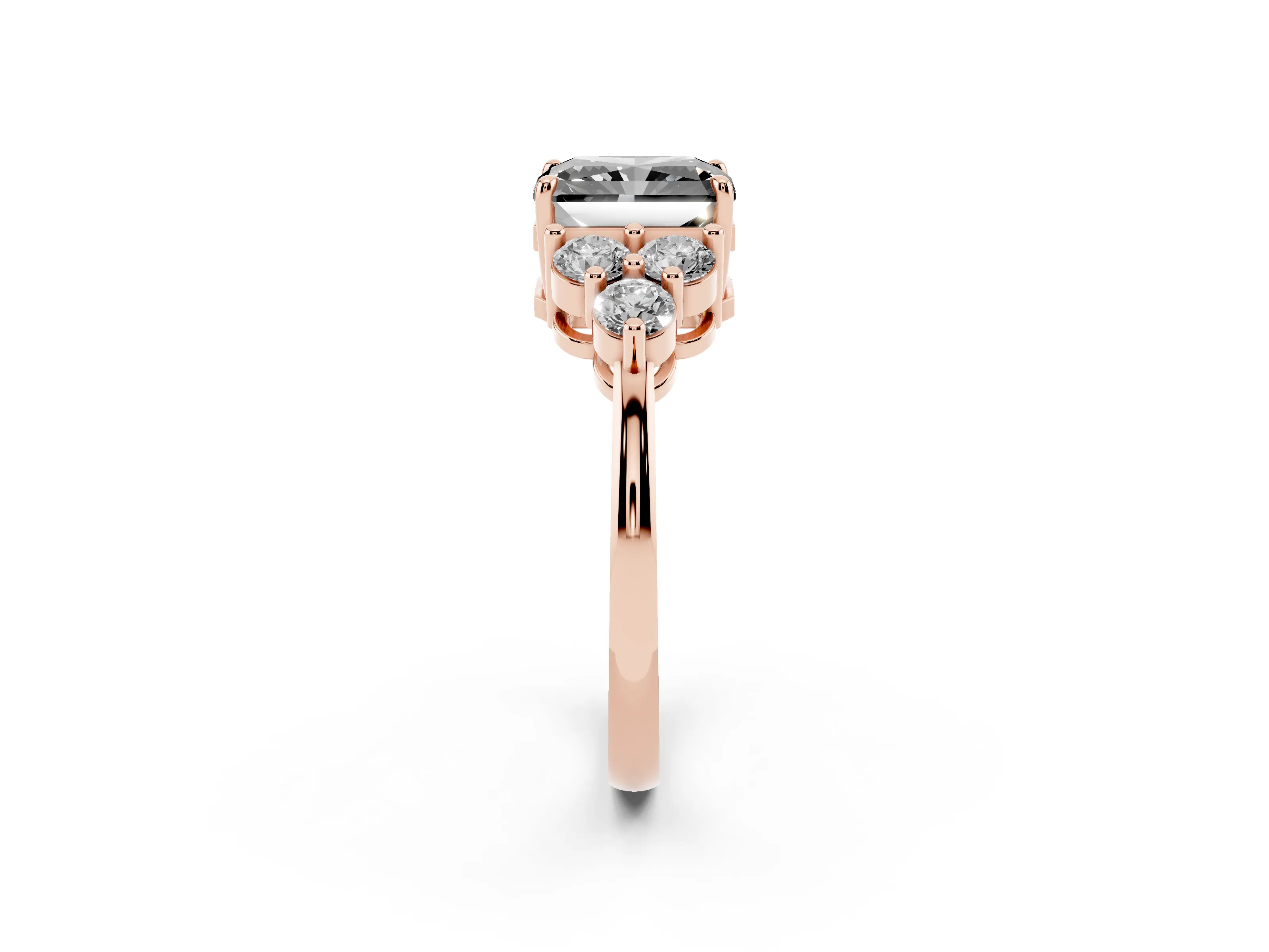 Fancy Black Radiant Cut Diamond Solitaire Ring Set in Rose gold with Cluster Accents on Each Side