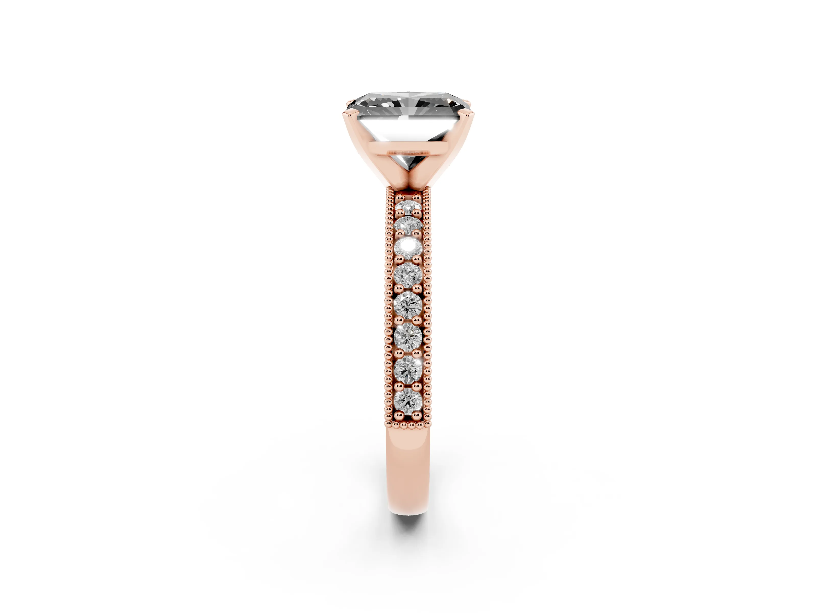 Fancy Black Radiant Cut Diamond Milgrain Pavé Engagement Ring Set in Rose gold with Prong Setting