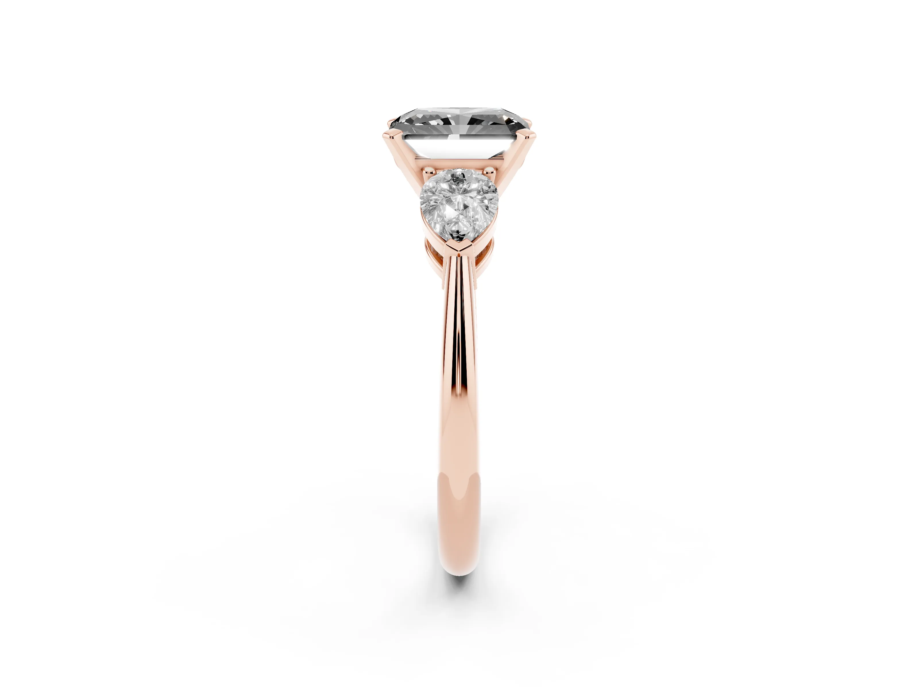 Fancy Black Three-Stone Radiant Cut Diamond Ring Set in Rose gold with Pear Side Stones and Prong Setting