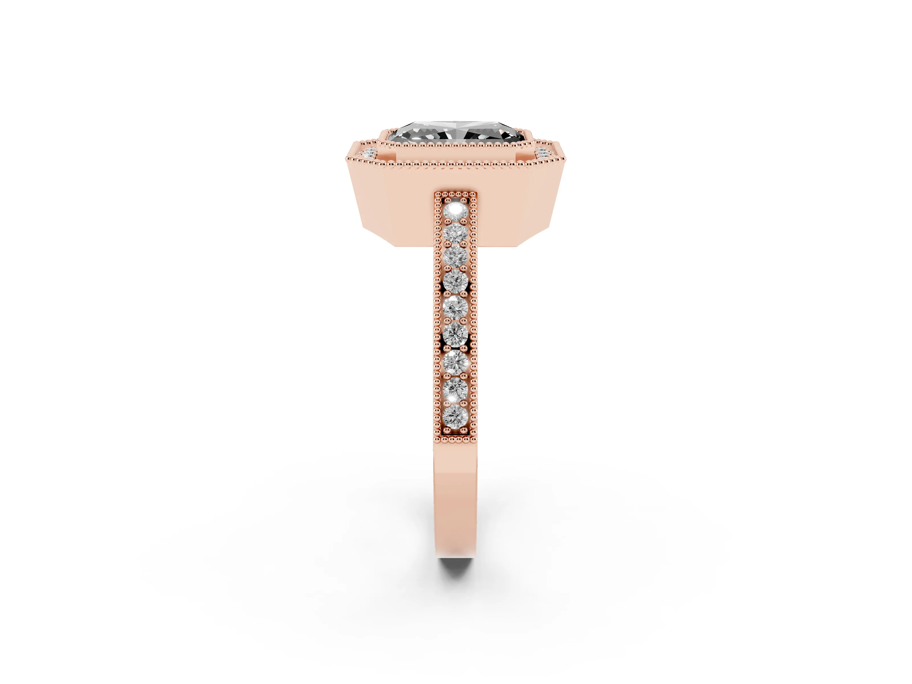 Fancy Black Radiant Cut Diamond Round Halo Ring Set in Rose gold with Pavé Band