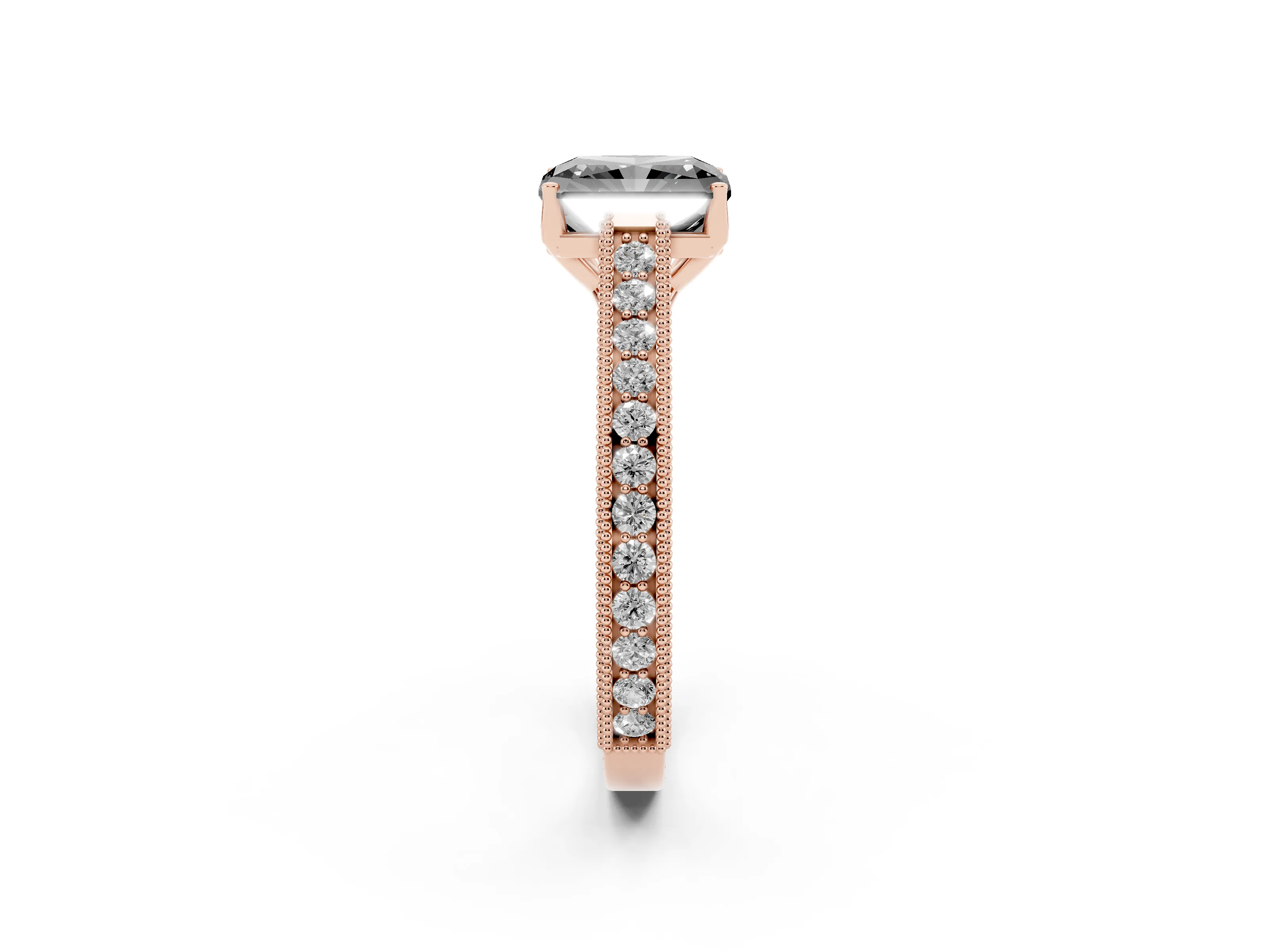 Fancy Black Radiant Cut Diamond Milgrain Pavé Band Solitaire Ring Set in Rose gold with Prong Setting