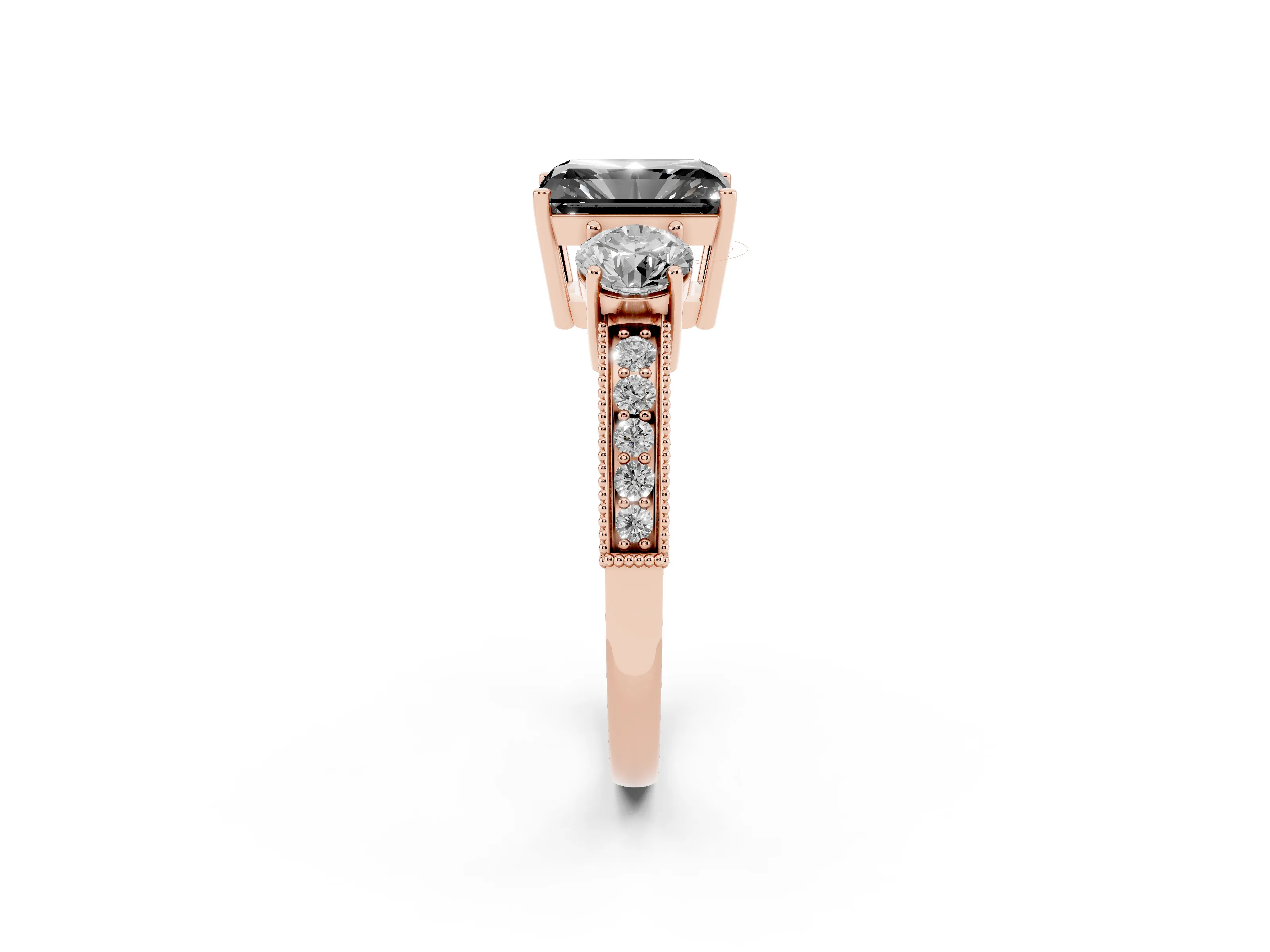 Fancy Black Radiant Cut Diamond Three-Stone Ring Set in Rose gold with Round Side Stones and Pavé Band