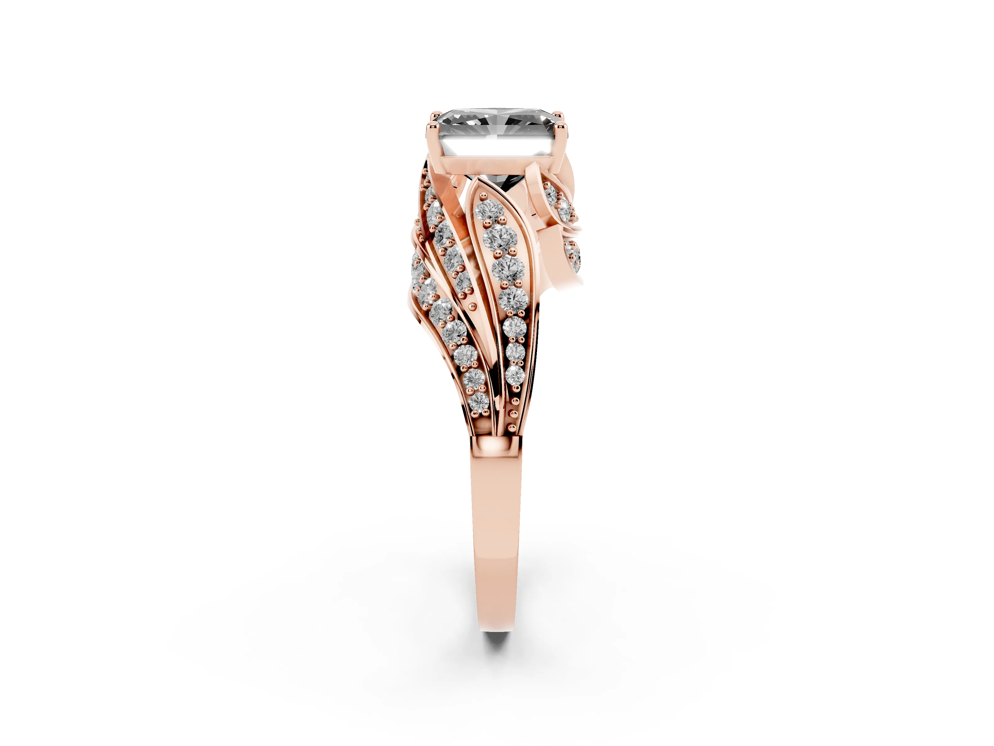 Fancy Black Radiant Cut Diamond Solitaire Ring Set in Rose gold with Layered Twist Pavé Band