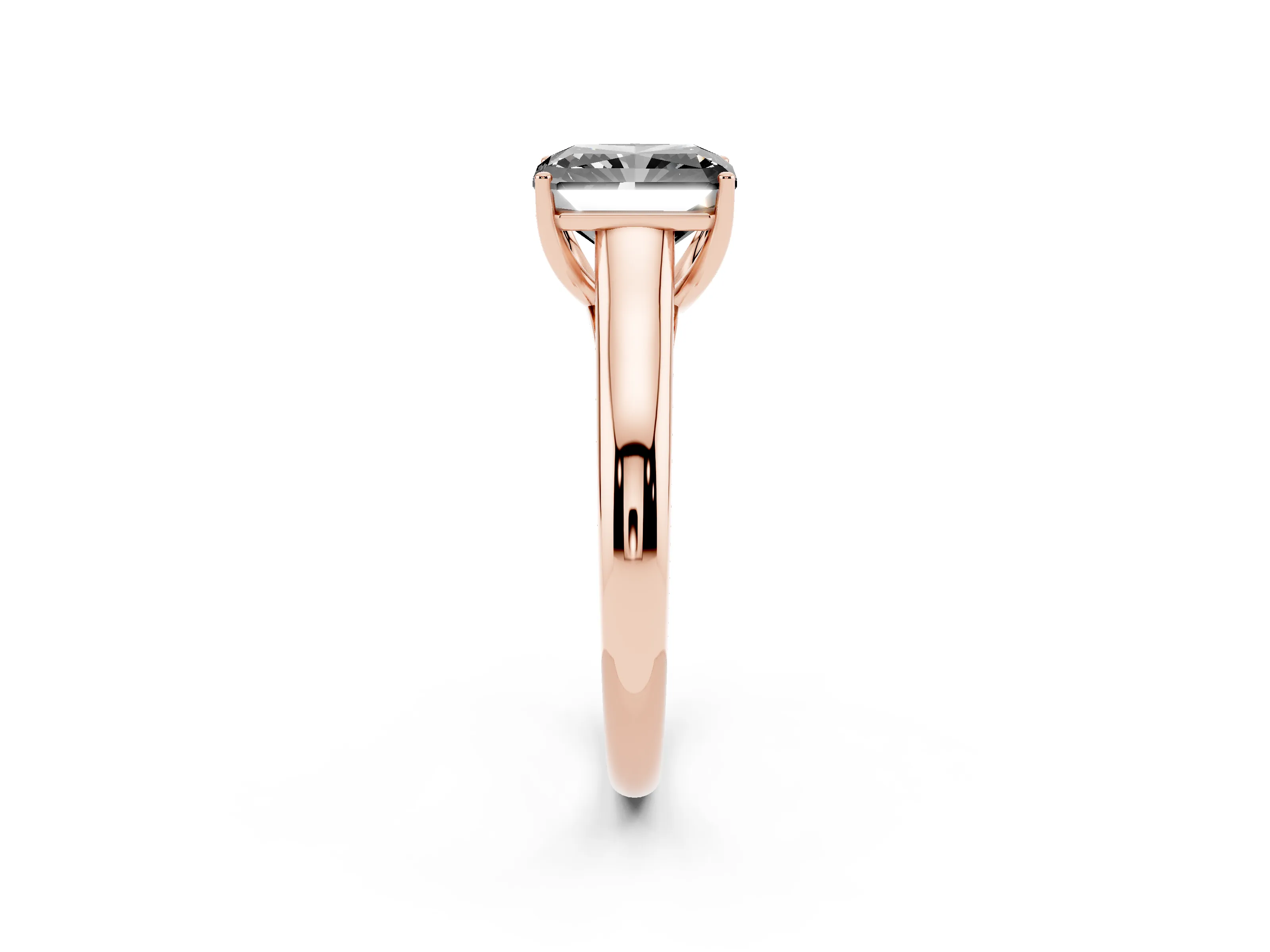 Fancy Black Radiant Cut Diamond Solitaire Engagement Ring Set in Rose gold with Subtly Tapered Band and Prong Setting