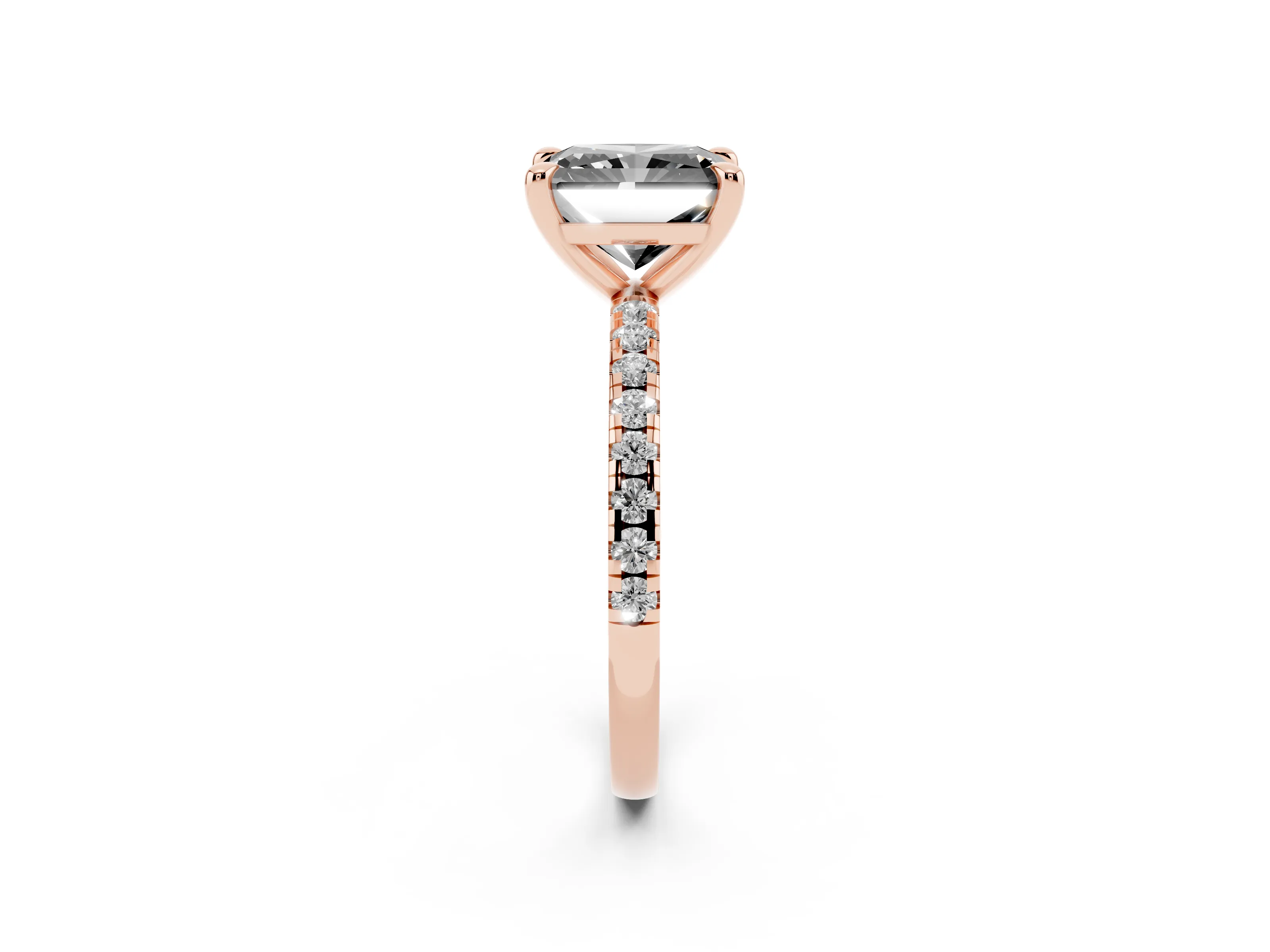 Fancy Black Radiant Cut Diamond Brilliant Solitaire Ring Set in Rose gold with Pavé Band and Prong Setting