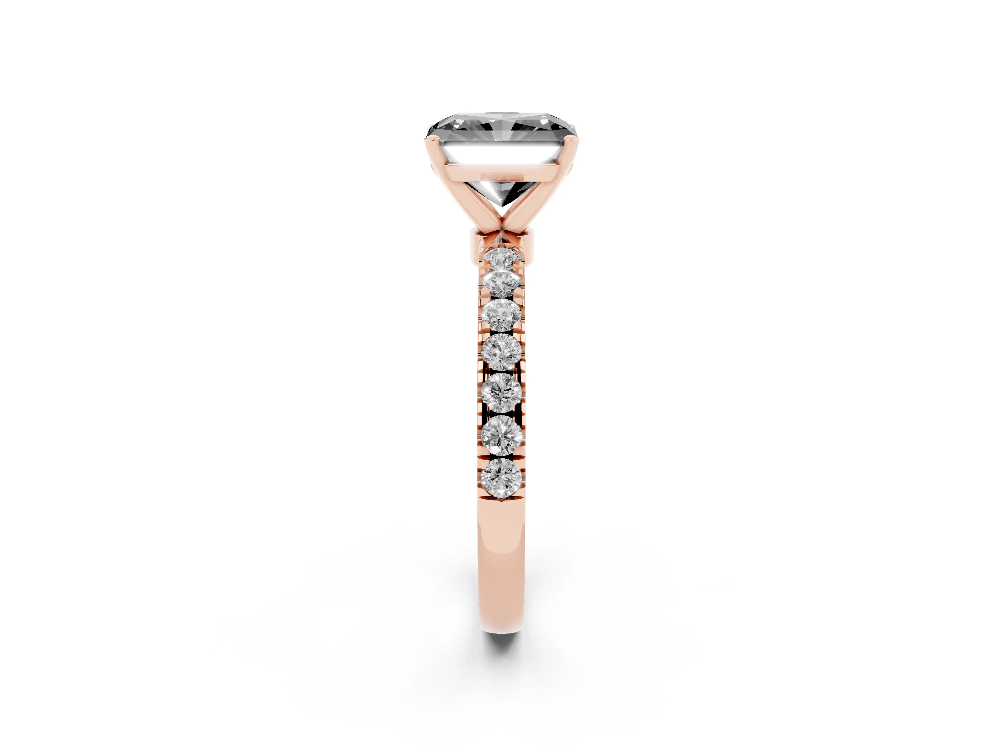 Fancy Black Radiant Cut Diamond Solitaire Ring Set in Rose gold with Pavé Accents and Prong Setting