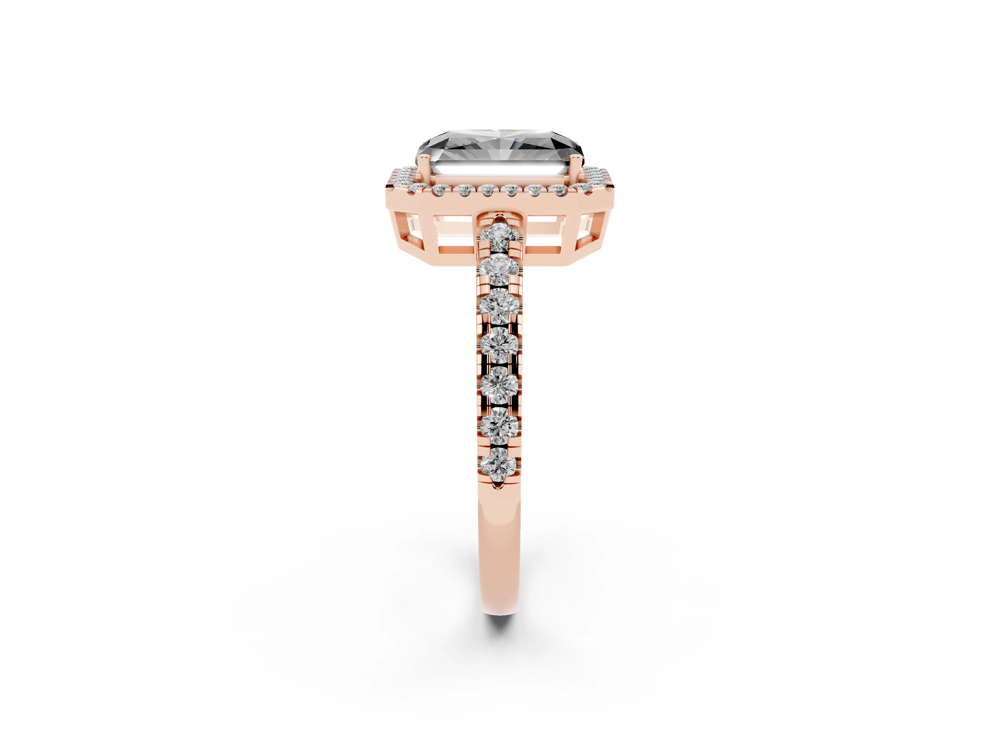 Fancy Black Radiant Cut Diamond Halo Ring Set in Rose gold with Delicate Pavé Band and Prong Setting