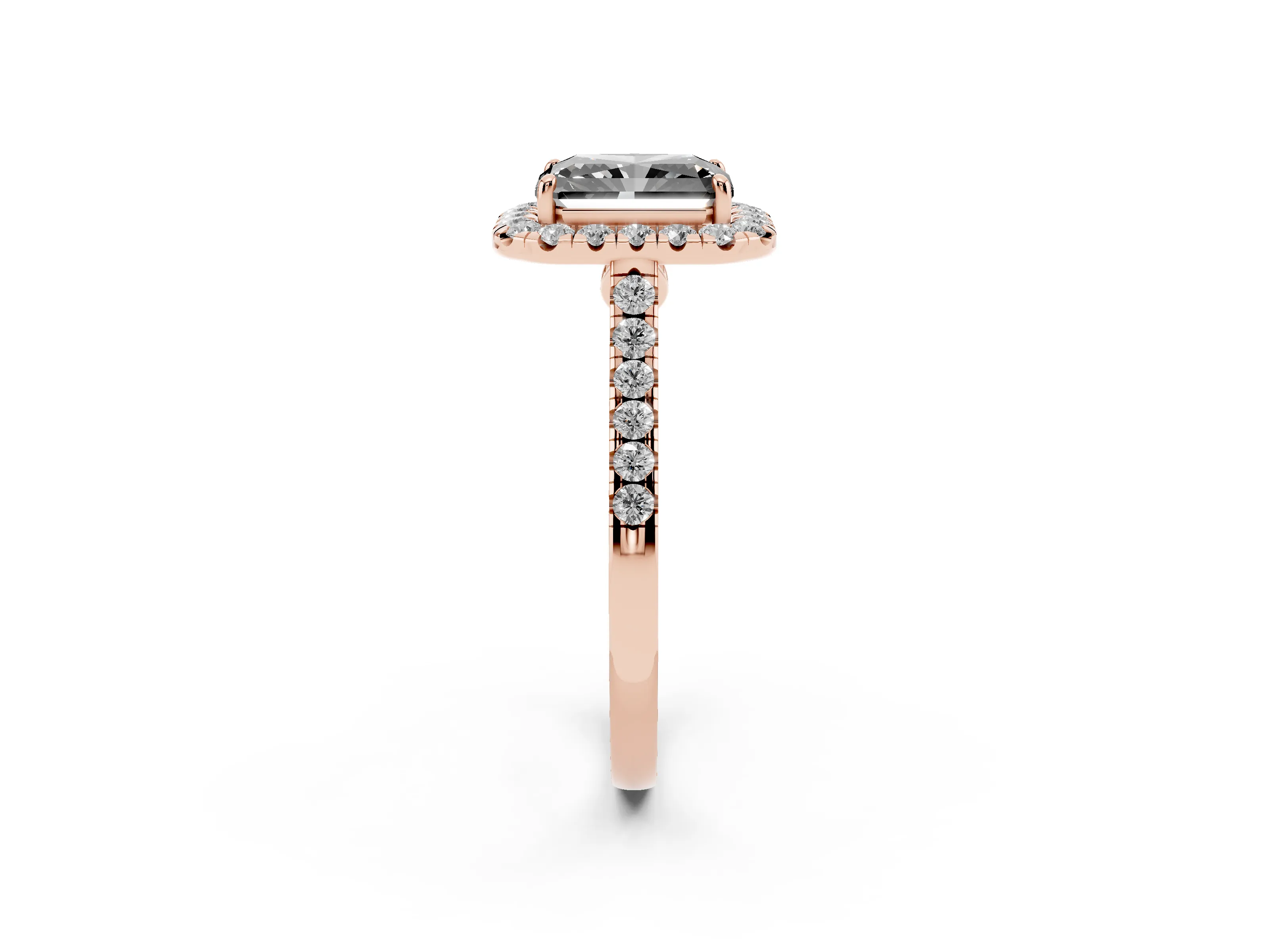Fancy Black Radiant Cut Diamond Halo Pavé Engagement Ring Set in Rose gold with Prong Setting