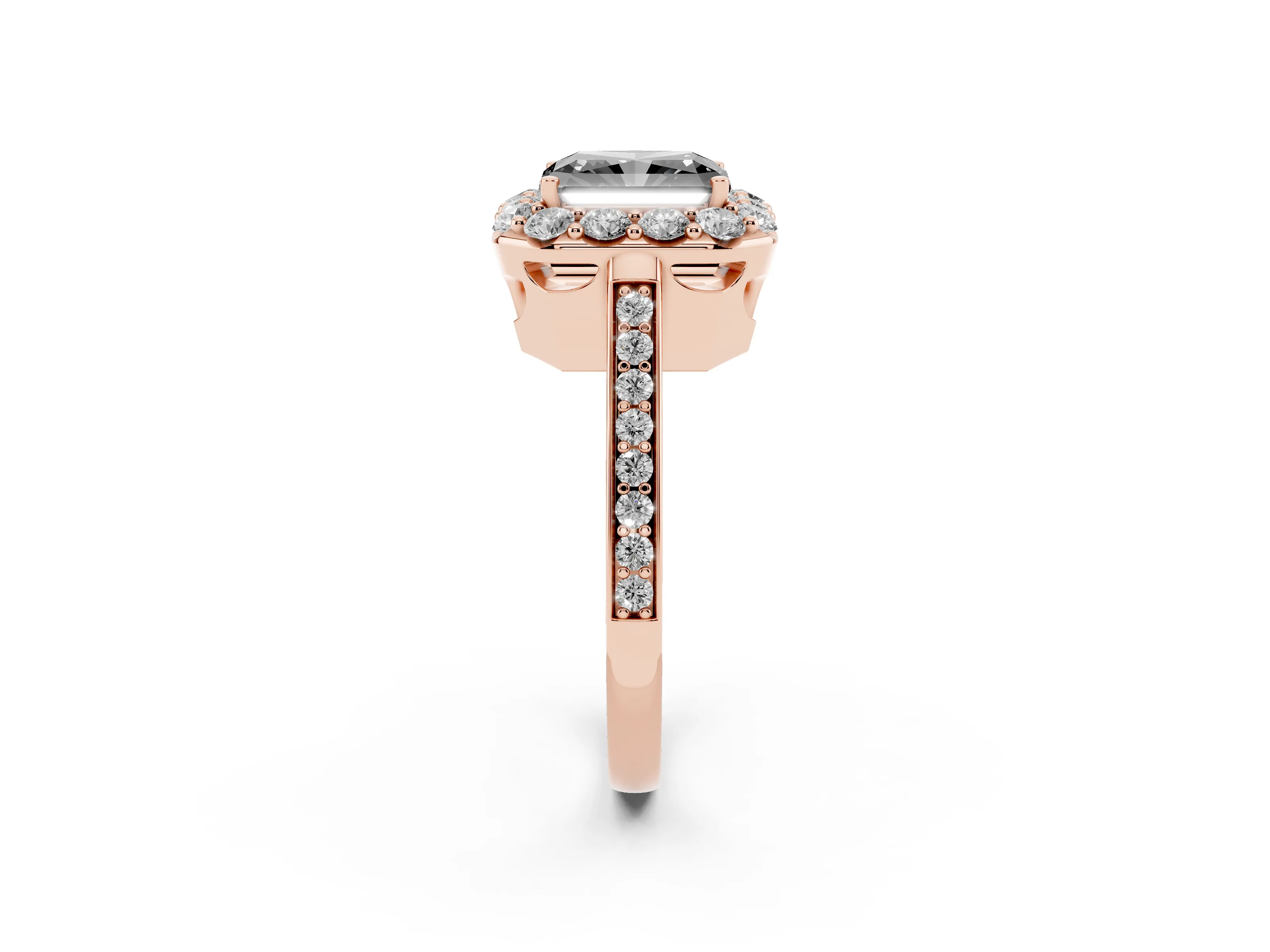 Fancy Black Radiant Cut Diamond Floral Halo Ring Set in Rose gold with Pavé Band and Prong Setting