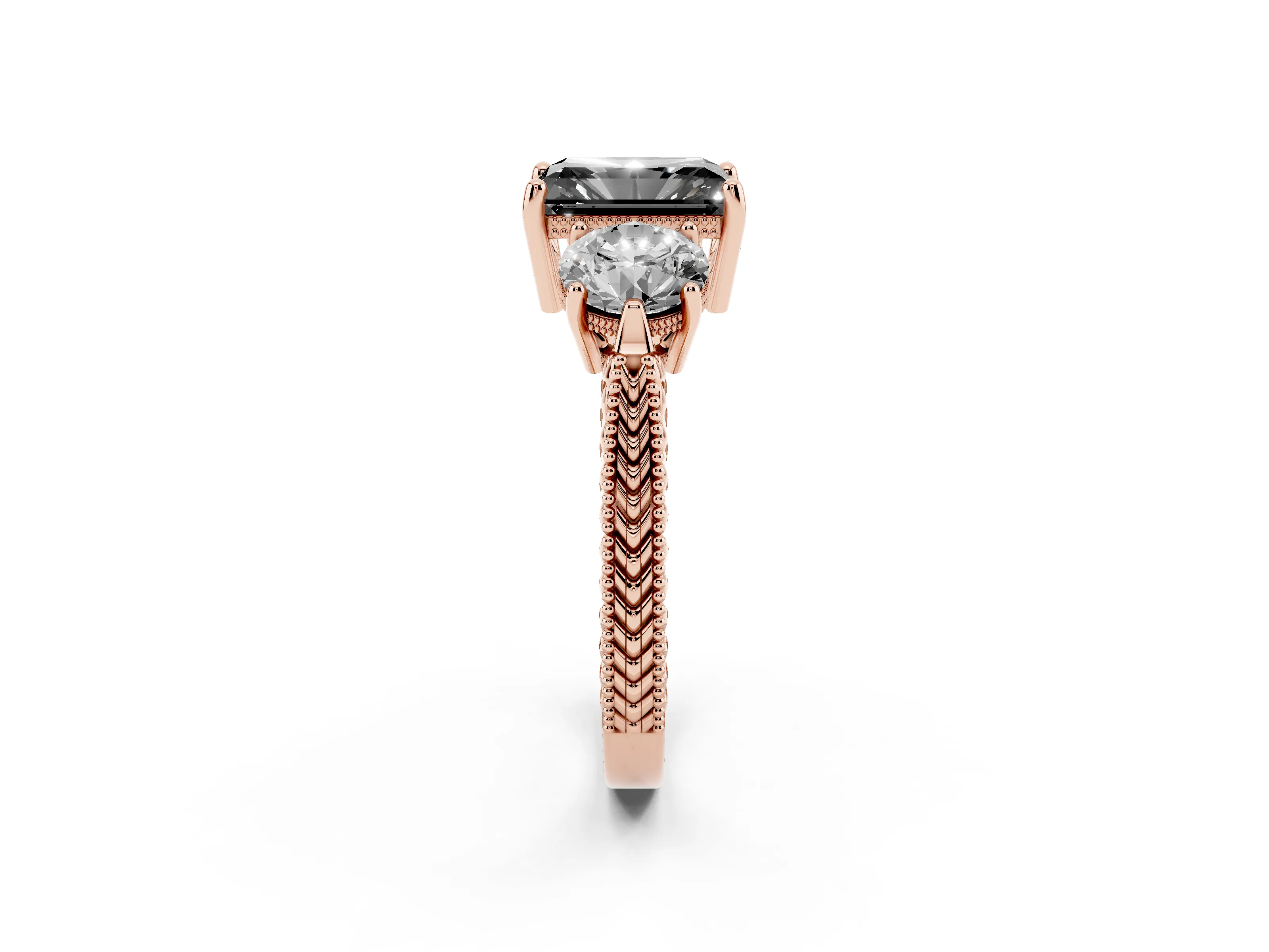 Fancy Black Radiant Cut Diamond Three-Stone Ring Set in Rose gold with Milgrain Band