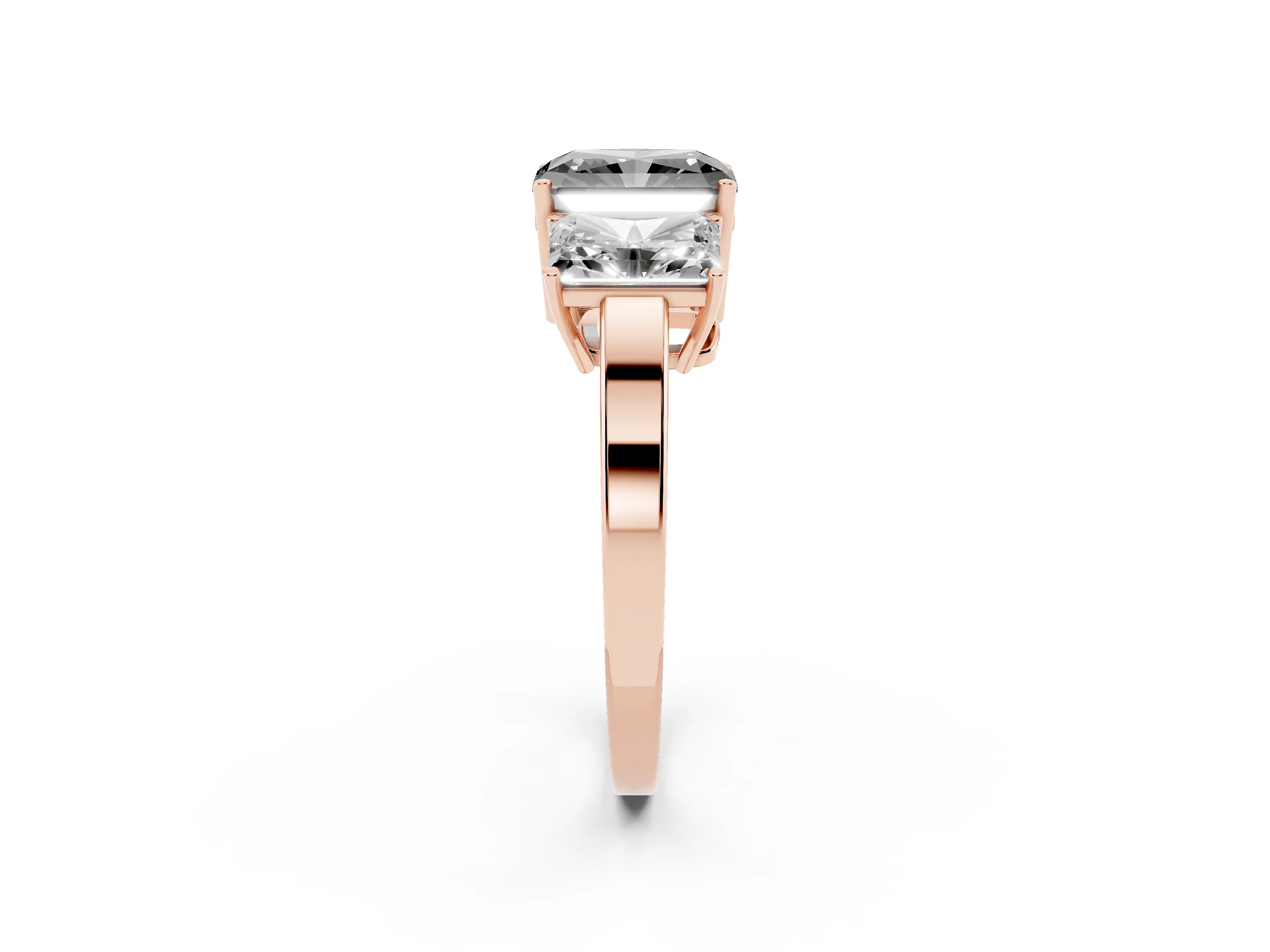 Fancy Black Radiant Cut Diamond Three-Stone Engagement Ring Set in Rose gold with Flat Band