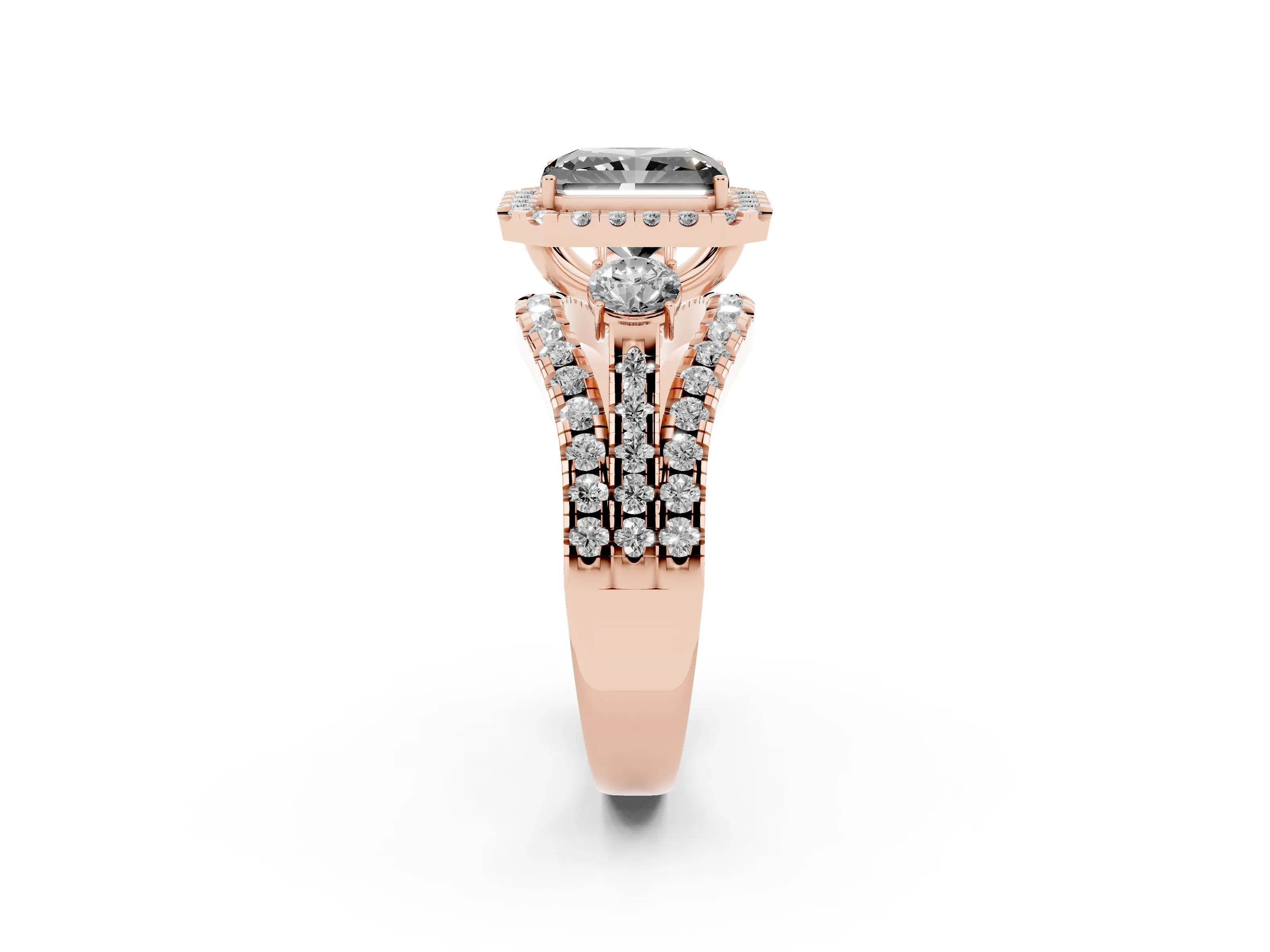 Fancy Black Radiant Cut Diamond Halo Split Shank Ring Set in Rose gold with Round Accent Stones and Prong Setting