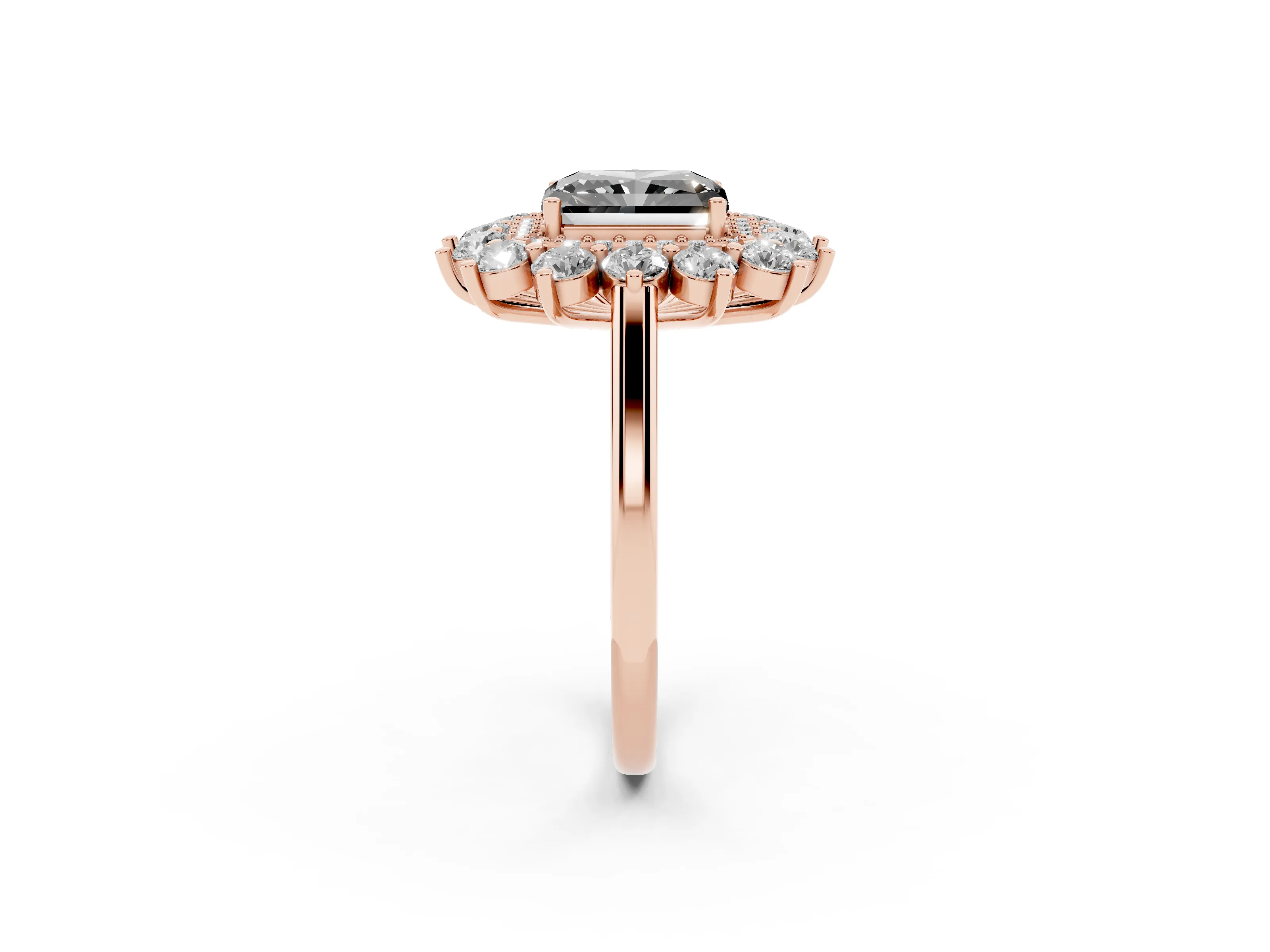 Fancy Black Radiant Cut Diamond Floral Double Halo Ring Set in Rose gold with Round Petals